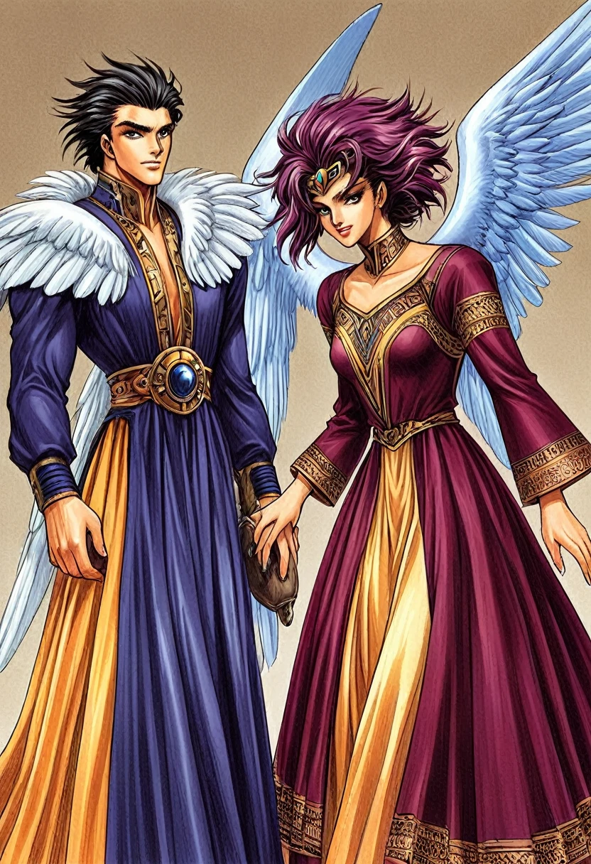 beautiful "8k very HD Higher resolution a Masterpiece"A strikingly beautifulRetro vintage 80s-90s anime style semi-realism humanoid characters of Shi'ar race  males and femalesfrom Marvel's X-Men with near human avian features anthros, feathered crests, vestigial wings, resembling humans quite humanlike, both males and females with naturally  Triangular shaped styled hair and dress in ancient exotic traditional styles fashions of thier worlds