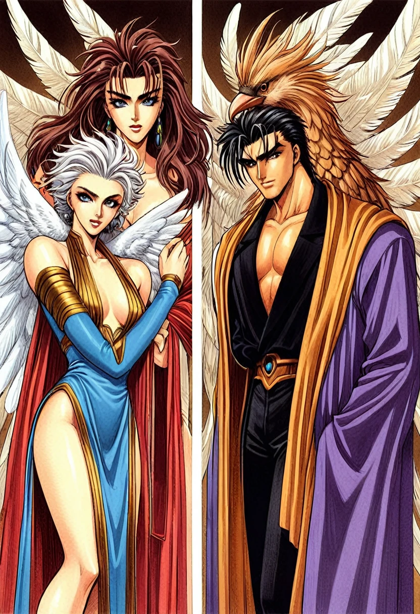 beautiful "8k very HD Higher resolution a Masterpiece"A strikingly beautifulRetro vintage 80s-90s anime style semi-realism humanoid characters of Shi'ar race  males and femalesfrom Marvel's X-Men with near human avian features anthros, feathered crests, vestigial wings, resembling humans quite humanlike, both males and females with naturally  Triangular shaped styled hair and dress in ancient exotic traditional styles fashions of thier worlds