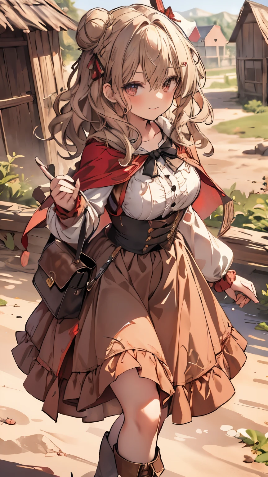 masterpiece, 1 girl, sparrow, a blonde haired girl, wearing a medieval villager clothes, curly medium hair, messy hair, slim body, he close her left eye, shirt ornament, ruby eyes, ahoge, , long sleeves, beautiful eyes, boots, droopy eyes, her age is 19, nagisa_bluearchive, seductive face, medium hair, seductive smile, curly hair, MongolPunkAI, medium breasts, view from right down, she tease you, lend a hand to you, she very close to you, smug smile, rainbow_one, farmer clothes, medium long skirt, crocth tattoo, erotic smile, barn, hair ribbon, twin hair bun, seductive smile, red skirt, red hood, red capelet, red riding hood girl