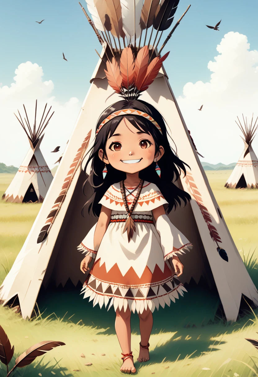 score_9, score_8_up, score_7_up, score_6_up, score_5_up, score_4_up, source_anime, old manga style, kawaii native american indian girl character, smiling, indian costume, headband, bird feathers on her head, teepee, grassland