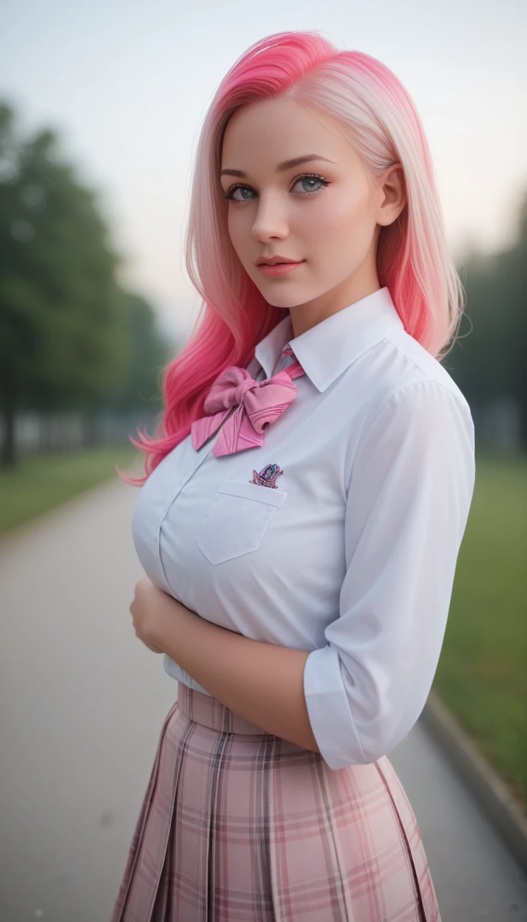 Score_9, score_8_up, score_7_up, score,1 Girl, Beautiful, Baby Face, 20 Years Old, White Skin, Huge Chests, Pose, Pink Perfect School Uniform, Grey Eye, Outdoor, Bokeh:1.1, Drill Hair, Tied Hair, ((Pink Gradient Coloured Hair))