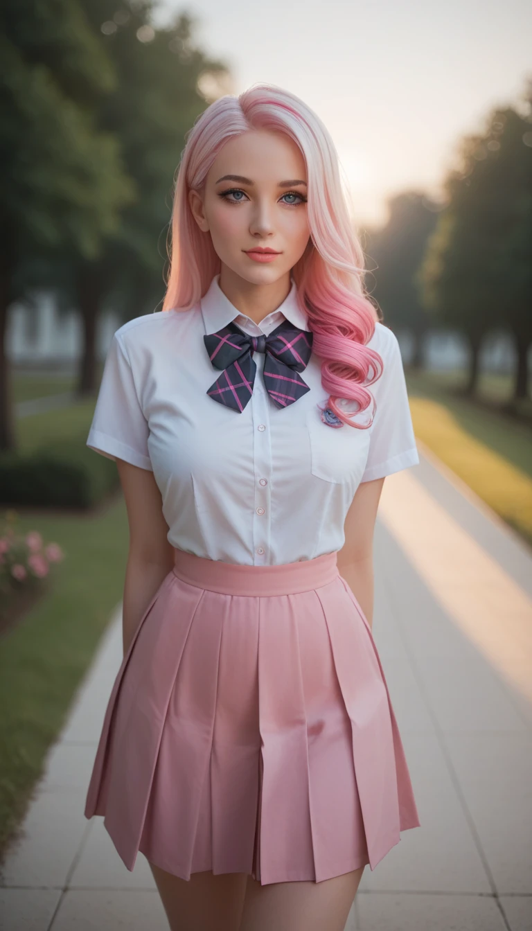 Score_9, score_8_up, score_7_up, score,1 Girl, Beautiful, , 20 Years Old, White Skin, Huge Chests, Pose, Pink Perfect School Uniform, Grey Eye, Outdoor, Bokeh:1.1, Drill Hair, Tied Hair, ((Pink Gradient Coloured Hair))