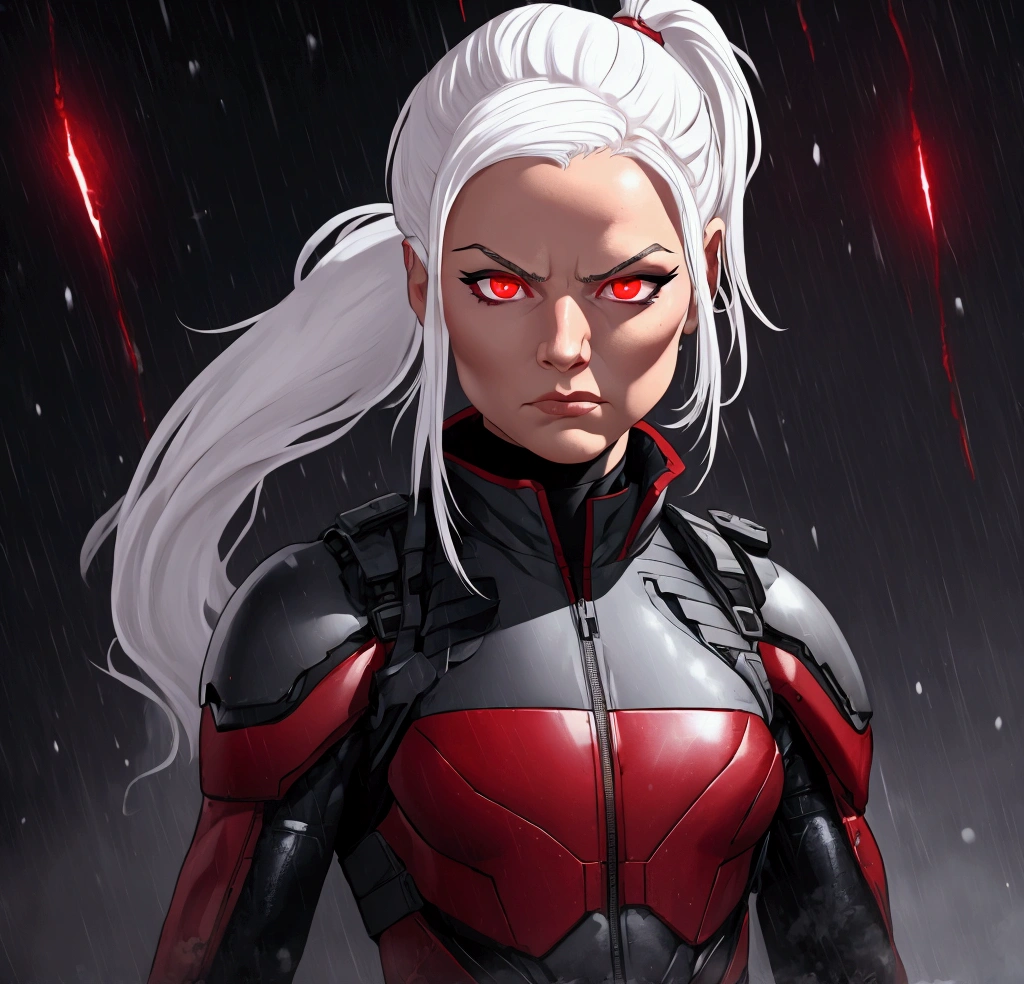  girl, long, bushy white hair with a ponytail, crimson eyes, military bulletproof vest, combat suit, cold expression, with crimson energy powers.