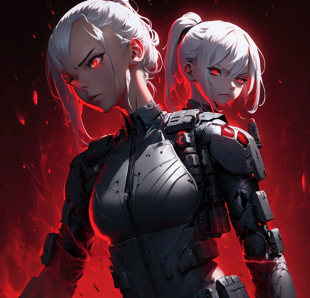 Small girl, long, bushy white hair with a ponytail, crimson eyes, military bulletproof vest, combat suit, cold expression, with crimson energy powers.