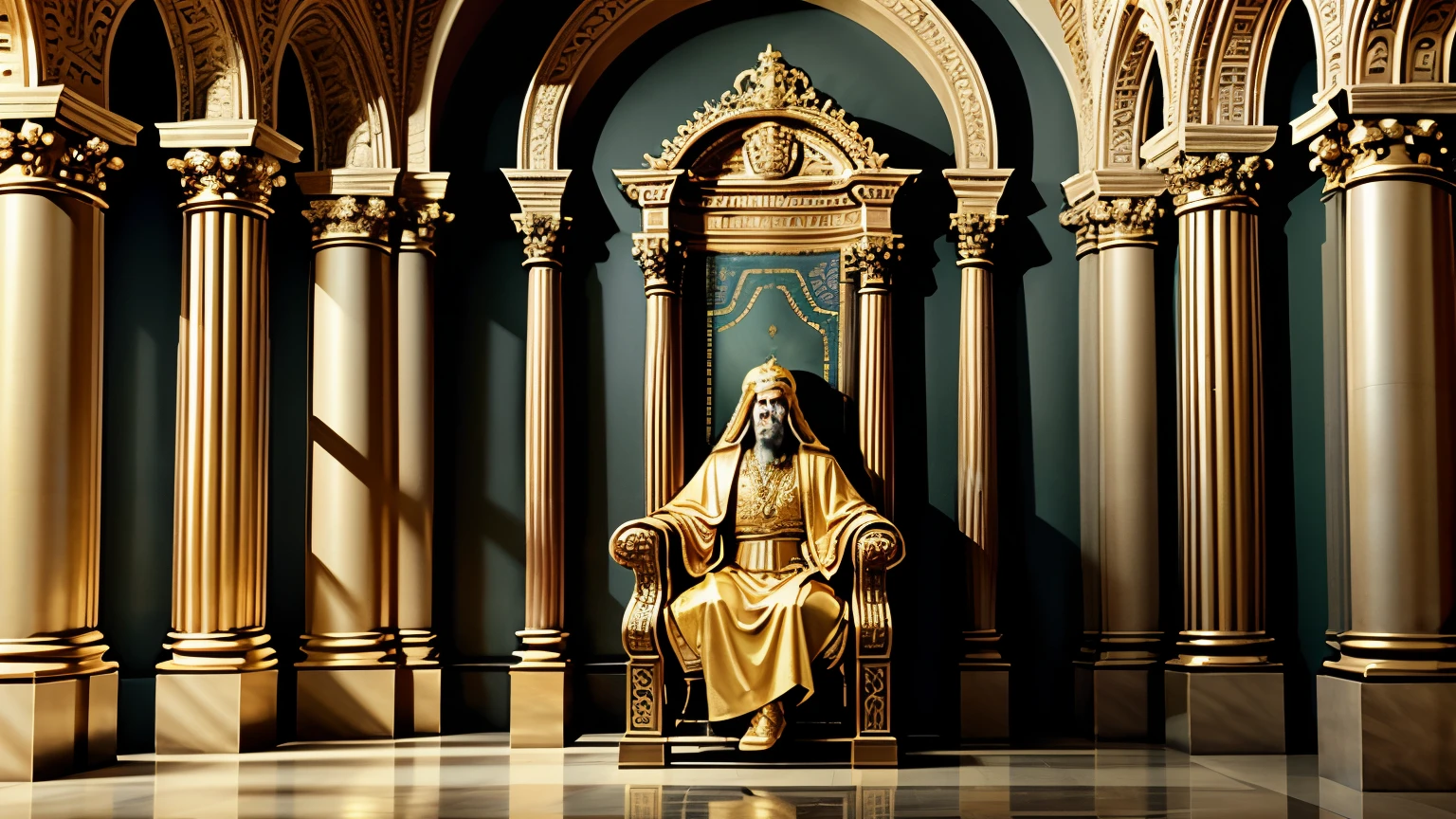 Create a majestic and historically rich scene depicting King Solomon ruling over Israel from his grand throne. The image should convey his wisdom, power, and the splendor of his kingdom. Include the following details:

King Solomon: Show Solomon seated on a massive, intricately designed throne made of ivory and gold, wearing royal robes adorned with precious jewels. His expression should be calm and wise, with a golden crown on his head, holding a scepter or scroll that represents his authority and knowledge.

Throne Room: Set the scene in a magnificent throne room in Jerusalem, with tall columns, luxurious tapestries, and large windows that allow sunlight to pour in, symbolizing divine blessing. The architecture should reflect ancient Israeli styles, with ornate designs and religious symbols.

Advisors and Subjects: Surround Solomon with his advisors, religious leaders, and people from all walks of life. Some may be petitioning him for wisdom or judgment, while others stand in awe of his rule. Their postures should show respect and reverence for their wise king.

Divine Light: Include a subtle golden or divine light surrounding Solomon, symbolizing his God-given wisdom, with the famous biblical phrase "A wise and understanding heart" subtly incorporated into the design.

Historical Elements: Add details such as the Ark of the Covenant, symbols of the Temple of Solomon, and ancient Hebrew scripts, enhancing the historical and spiritual significance of his reign.

The image should be rich in texture, color, and detail, evoking a sense of grandeur and reverence for one of the most legendary kings in history."