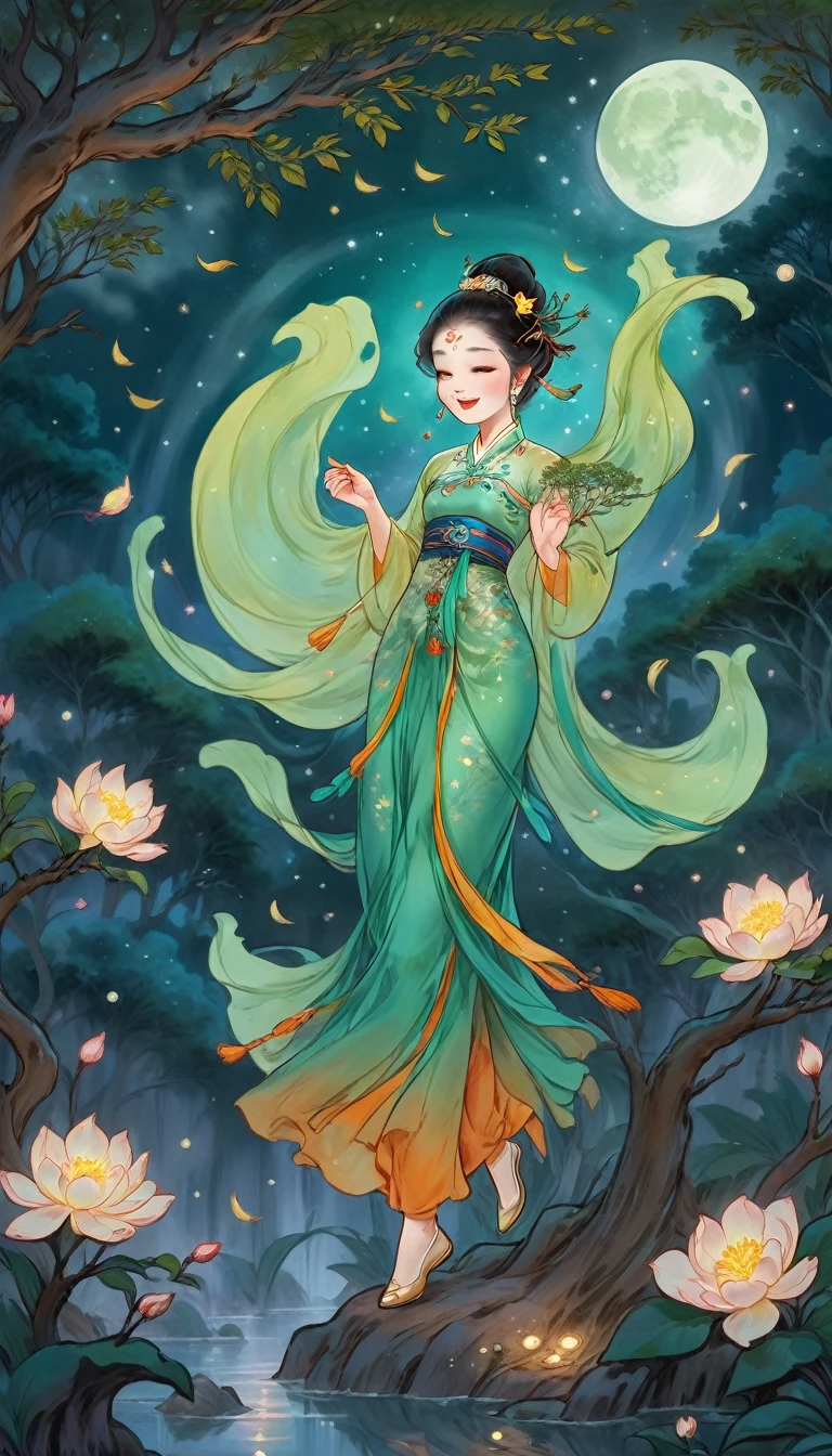 On a starry night sky, the bright moonlight illuminates the surface of the moon. At the base of an ancient banyan tree, Chang'e and Cuội are playfully interacting with each other. Chang'e, dressed in her traditional attire with a radiant smile, is dancing and singing a cheerful song. Cuội, in his simple yet joyful farmer’s outfit, is attempting humorous antics, making Chang'e laugh heartily. Surrounding them, a mystical and beautiful scene unfolds with moonlight filtering through the banyan tree’s lush green leaves, creating a shimmering effect on the ground. The atmosphere is filled with joy and happiness, as if time and space have become irrelevant.