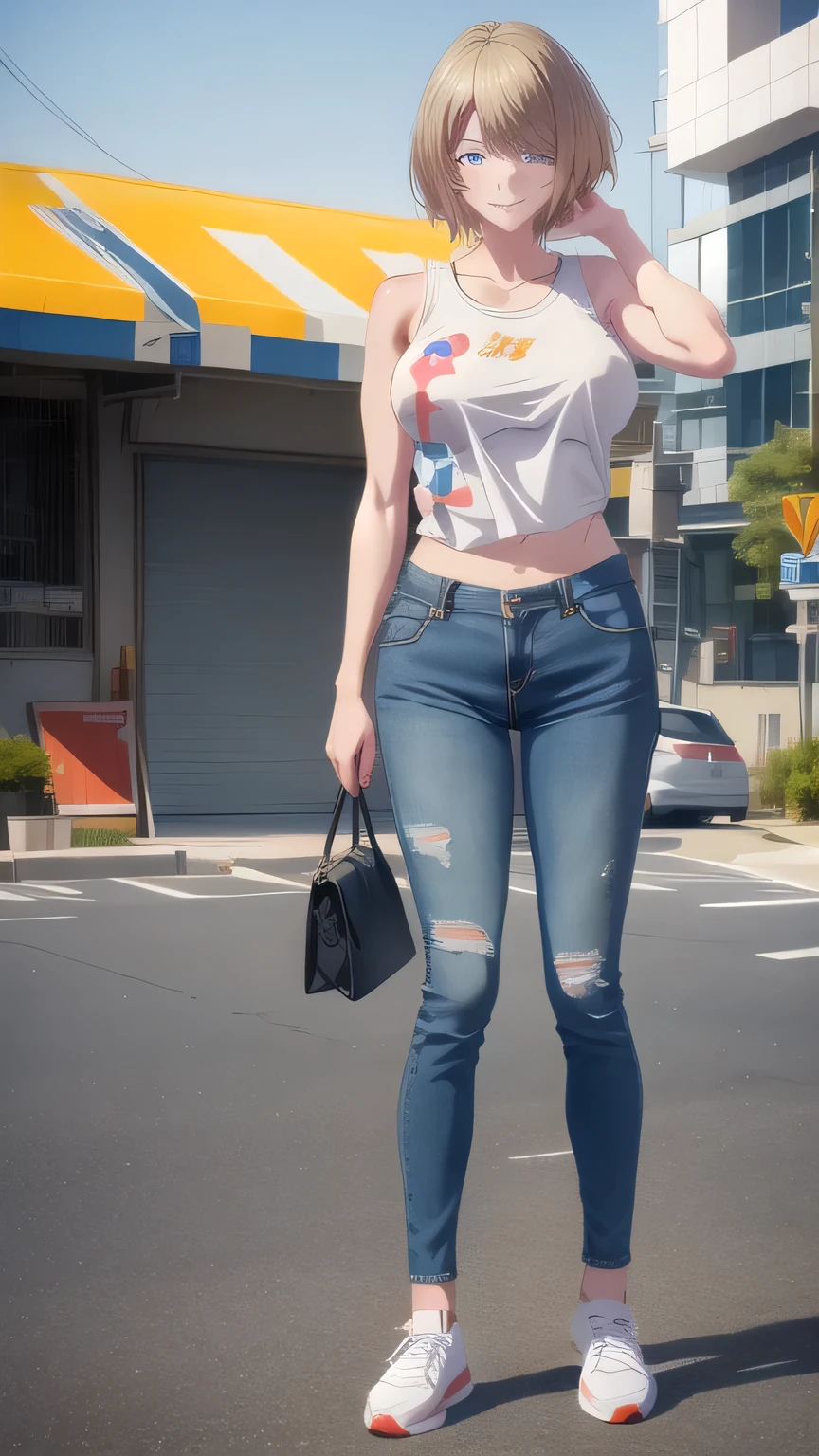 (masterpiece, Best Quality), akane hououji, 1 girl, colorful fur, hits, wide, blue eyes, blonde hair, medium breasts, wearing black tank top, denim pants, red sneakers, smiling, blushing, looking at the viewer, on the side of a city highway, full body