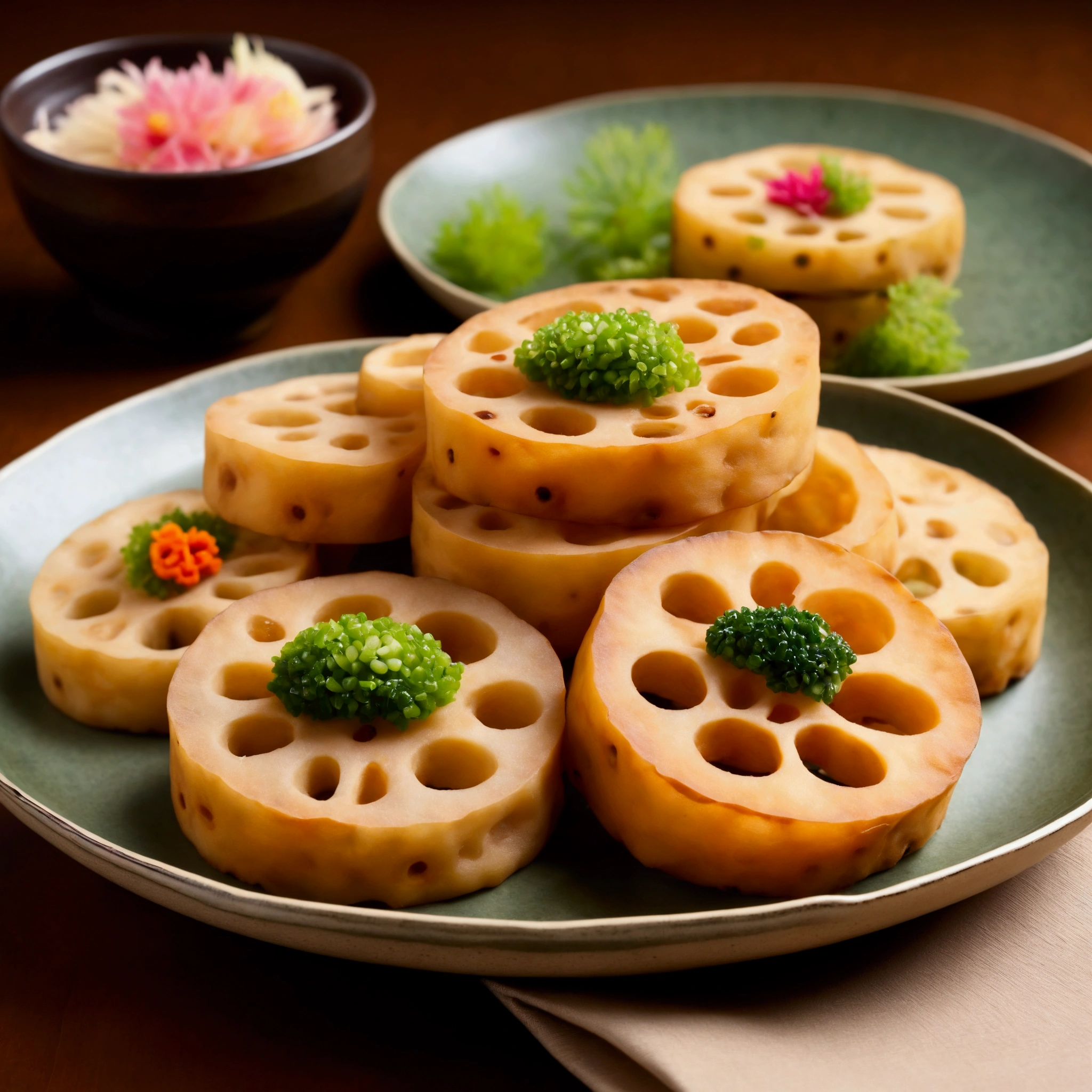 Deep-fried lotus root clasps: a dish in which sliced lotus root is deep-fried with meat or vegetables sandwiched between the slices; when sliced into rounds, the lotus root has one hole in the middle and eight around the circumference, Served on artistic Japanese tableware,