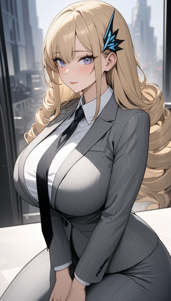 ((masterpiece)), ((high quality)),((ultra-detailed)), ((extremely detailed)),4K,8K, (character portrait), wearing light grey pants suit, in pinstripe business suits, navy collared shirt, a beautiful woman, very tall woman with great style, perfect big breasts, perfect big breasts, middle plump ass, slender body, 1girl, solo, purple pupils, perfect hands, perfect face, perfect eyes, perfect body, perfect legs, laugh, front view,hands on legs, bend down, city background, ,Masterpiece, best quality, ,suit, pants, necktie,wolf cut hair,HarutoYumaArts, pencil drawning, color accents, color highlights, (grayscale:1.3),nikkecrwn, blonde hair, long hair, drill hair, hair ornament, headgear, blue eyes, white shirt, gloves, wings, armored boots