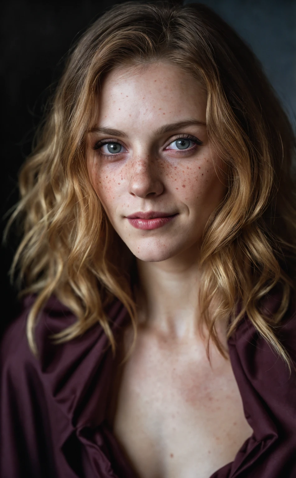 (Close-up, editorial photograph of a twenty five year old woman), (highly detailed face:1.4) (smile:0.7) (background inside dark, moody, private study:1.3) POV, by lee jeffries, nikon d850, film stock photograph ,4 kodak portra 400 ,camera f1.6 lens ,rich colors, hyper realistic ,lifelike texture, dramatic lighting , cinestill 800, wavy hair, messy hair, Lestat Haircut, Mischievous smirk, Blonde hair, freckles, Blue Eyes, Red Wine Cloak Lestat expressions, Lestat woman, European skin, Golden Aura, Vampire