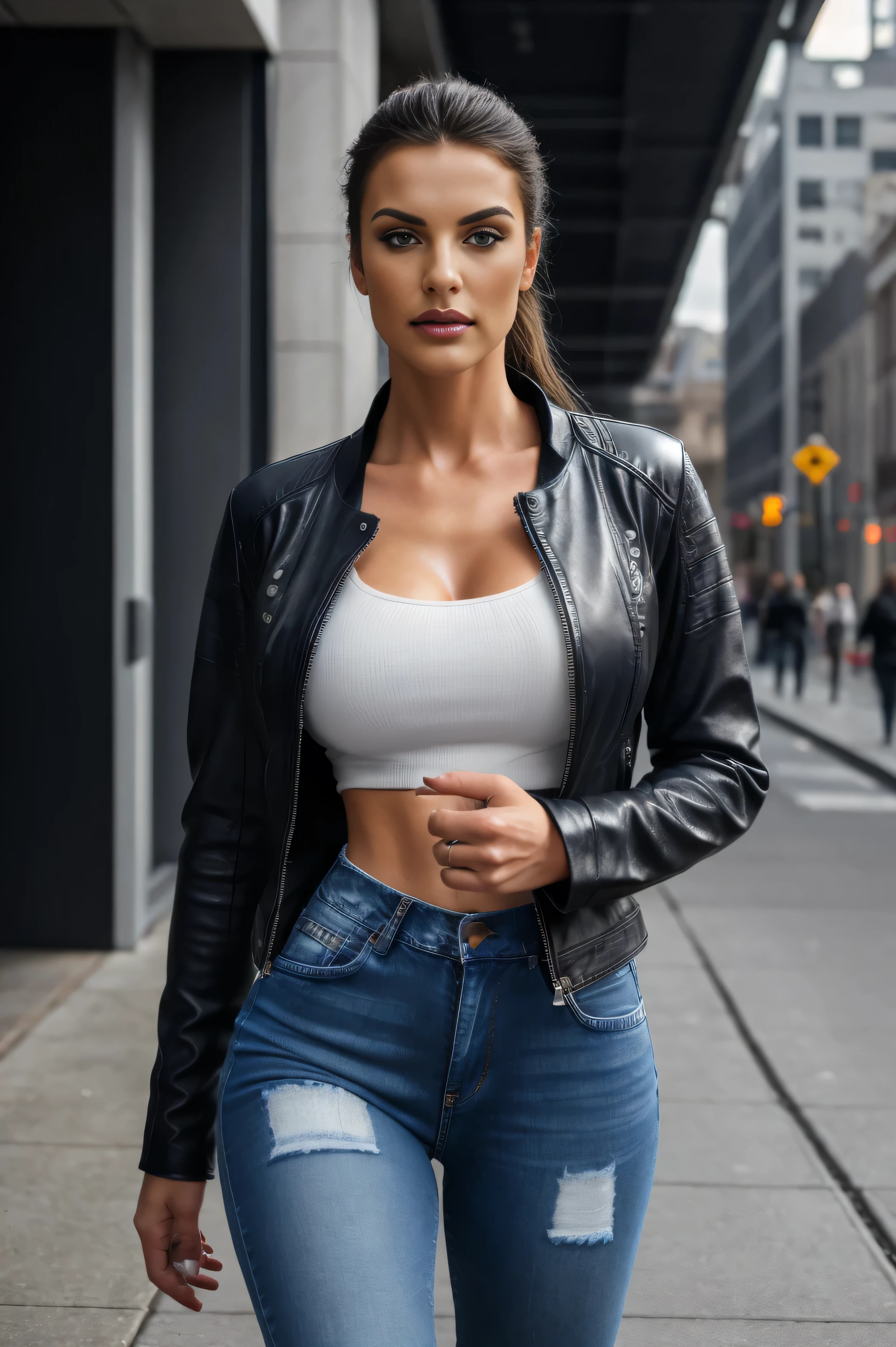 design, interrior, interriordesign Masterpiece, best quality, (highly detailed raw photo:1.2), 8k render in octane, volumetric lighting, volumetric shadows portrait of a woman, (pasionate look), jeans, leather jacket, pullover, walking in city