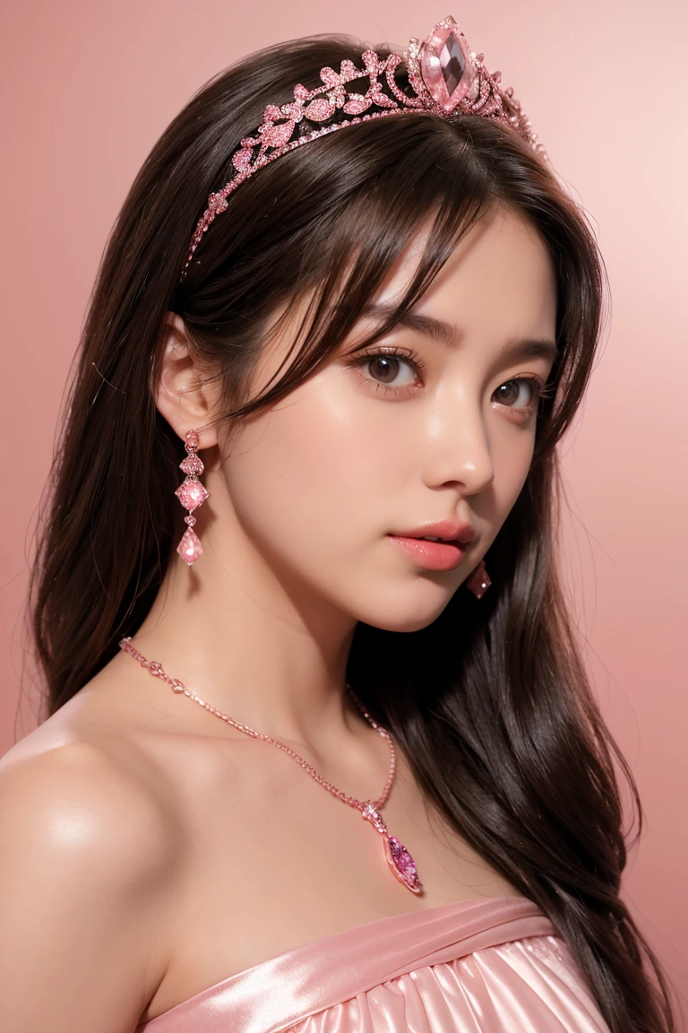 One girl,black eyes,look away,blush,Perfect lighting,Upper Body,Brown Hair,Long Hair,jewelry,Gradient pink background,Pink Dress,Earrings,Pink Dress,Realistic,necklace,View your viewers,tiara,Pink Lips,A light smile,Unreal Engine,Side lighting,Detailed face,Light Skin