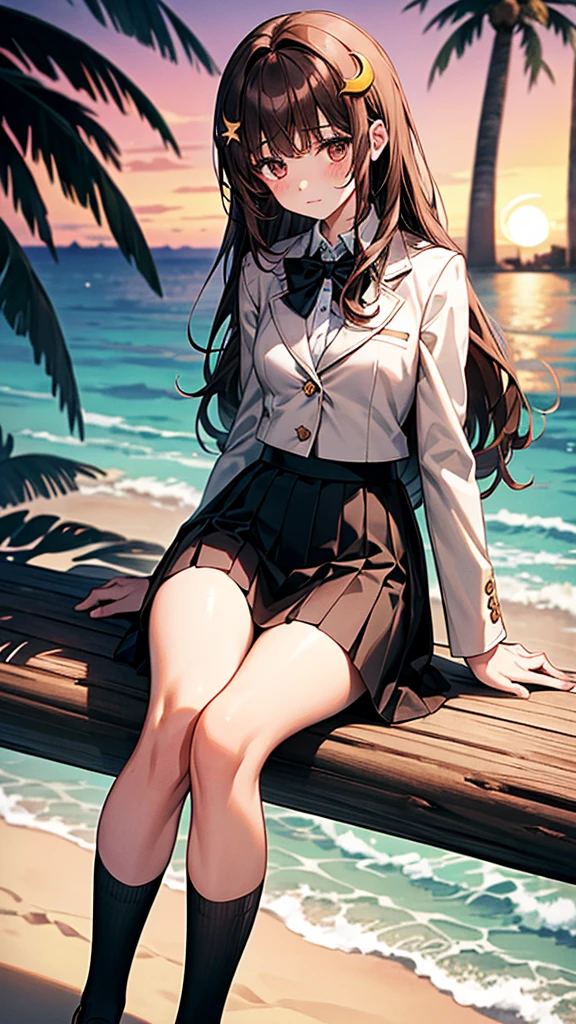 1girll，brunette color hair，long whitr hair，By bangs，short  skirt，mature，anime big breast，full bodyesbian， beautidful eyes， Nice face，radiantsmile，eventide，rosy clouds，ports --auto
