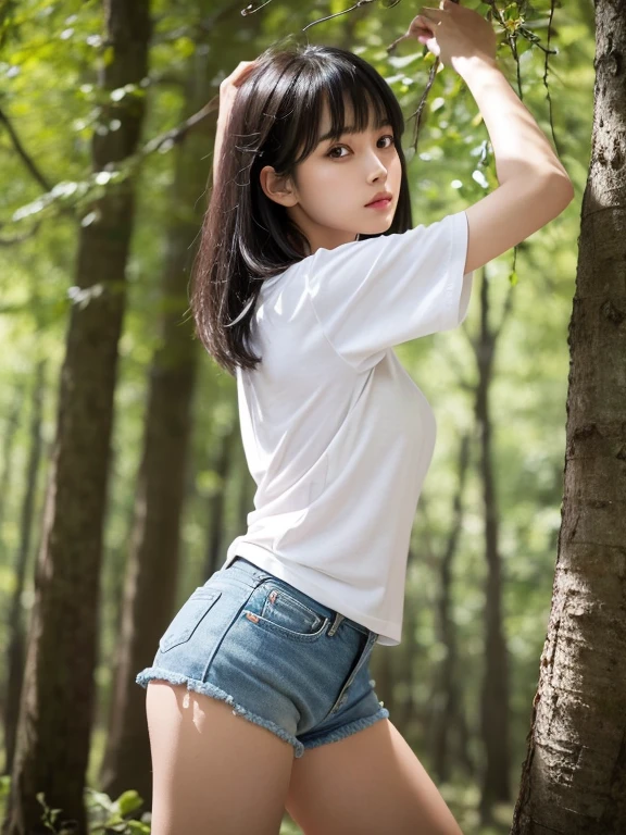 Long neck,Browsing Caution,Large Breasts, Highest quality,Ultra-high resolution,1 person,Black Hair, bangs, Cool look,looking at the top,Beautiful and elaborate face,Exquisite eye placement、Fine and beautiful skin,Skin Texture,White T-shirt、Tight denim shorts、 In the woods、Trying to climb a tree、Trying to grab the upper branch