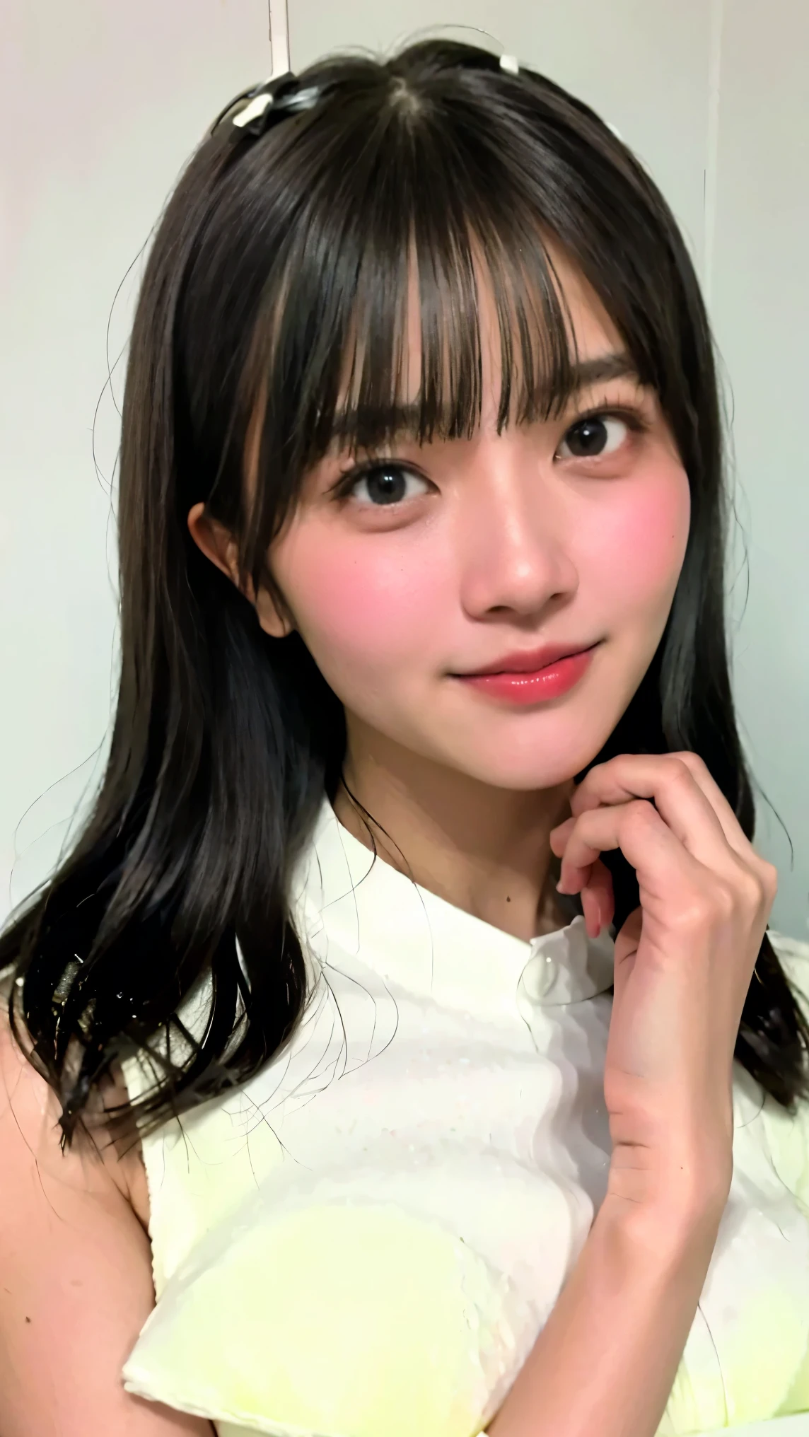 Cute Japanese Women Photos, smile:1.78, 20-year-old, Oil, One Length Hair＆Straight Hair Balm:1.55, (photo Realistic:1.4), (hyper Realistic:1.4), (Realistic:1.3), (Smoother lighting:1.05), (Improving the quality of cinema lighting:0.9), 32K, 1 person,20-year-oldの, Realistic lighting, Backlight, The light shines on your face, Ray Tracing, (Bright light:1.2), (Improvement of quality:1.4), (Highest quality Realistic textured skin:1.4), fine grain, Detailed face,(smile:0), (Emphasis on face close-up:1.3), (Enhances the beauty of skin texture:1.1),((Extremely precise and accurate anatomy:1.0)), (Enhances the beauty of skin texture:1.1), Clean and glowing skin, mesh, thin:1.2, (Realistic:1.3), Realisticなライティング, (Smoother lighting:1.05), 32K, One Japanese woman, fine grain, Detailed face, (Film Grain:1.1),(Accentuates body lines:1.1), High resolution, Natural look, Kind eyes, Improves hair quality, Delicate light and shadow, Transparent muscles, Graceful pose, Beautiful Eyes, Sharp details, Soft light reflection, Beautiful contours, Delicate skin tone, Fine hair texture,Cute Japanese Women Photos,