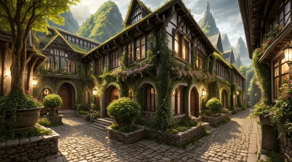 (masterpiece:1.2), (Highest quality,:1.2), 8k, High resolution, Super detailed, ((Realistic)), Perfect Anatomy, Professional Light, Cinema Lighting, Fashion Photography, Ambient Lighting, a narrow street with many elaborate High Elf houses, High Elf, tolkien style, middle earth, Rivendell, Spectacular photos