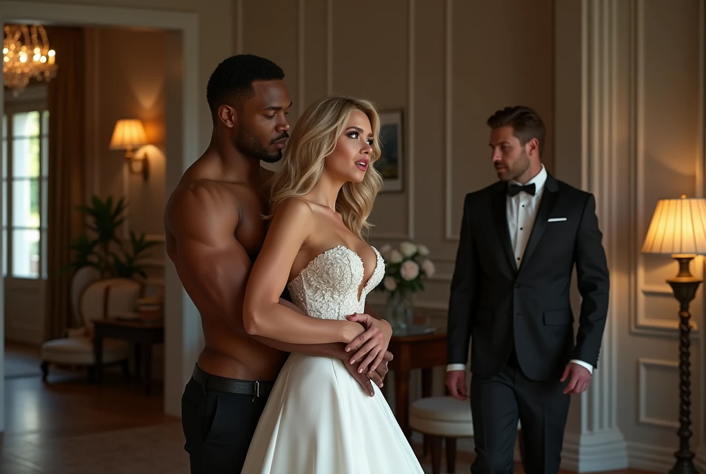 Magnificent detail, 8K Photos, hyper- realism, realistic background, visual depth, wide angle lens, professional light, all-body. {The scene shows a beautiful blonde bride of 25 years old wearing a wedding dress sitting on the lap of a strong muscular black man, while her blonde white fiancé is in the background of the photo, entering through the door and witnessing the scene with surprise.} {The bride wears a dress that really highlights her body, It has a strapless neckline.} {The bride has her mouth open expressing feeling an intense orgasm}. {The groom is dressed in a traditional groom's suit and tie elegantly arranged. She expresses despair at the sight of the scene.} {The black man holds the bride by the waist and smiles sensually. He is shirtless, without any item of clothing, but her private parts are covered by the bride's dress} {the bride is on the black man's lap, hugging him from the front.} betrayal. sensual image. adult content
