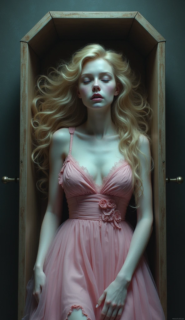 Sleeping Beauty Princess Aurora，Long curly blond hair，Pink skirt，The skirt is torn，Yandere，Lying in a crystal coffin，White flowers and black leaves beside it，Pale face