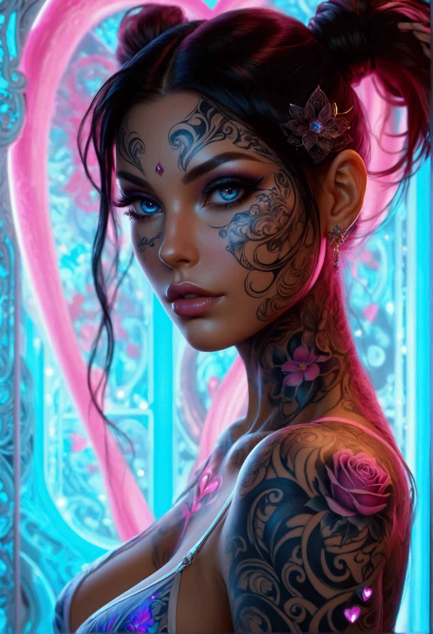 Stunningly gorgeous beautiful perfect hr giger tattooed sexy seductive demonic girl, perfect face, hyper detailed neon sapphire eyes, large breasts, full body view, nude
