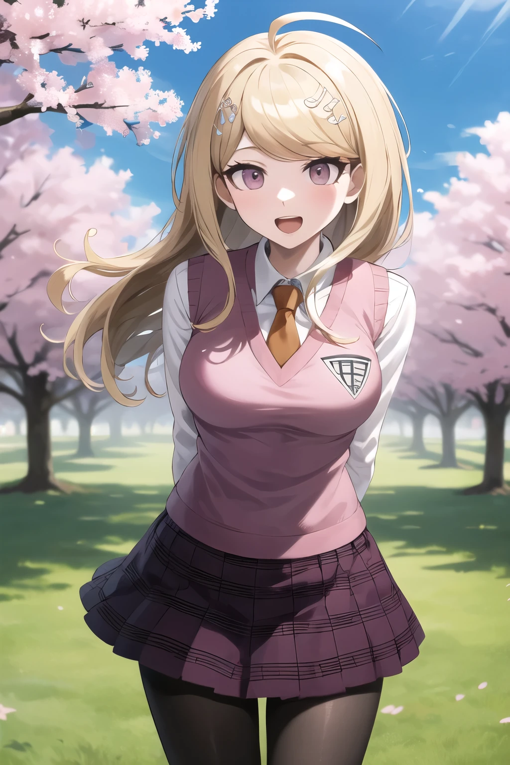 masterpiece, best quality, highres, aakaede, long hair, ahoge, hair ornament, breasts, school uniform, necktie, pink vest, sweater vest, collared shirt, long sleeves, pleated skirt, purple skirt, print skirt, pantyhose, standing, cowboy shot, leaning forward, arms behind back, smile, open mouth, outdoors, cherry blossoms,