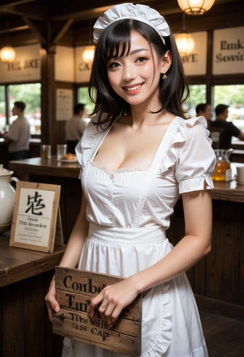 a young Japanese woman like an idol in a black and white cleavage maid cosplay with smile is posing In front of a western classical wooden cafe with sign “Browncat” in English.