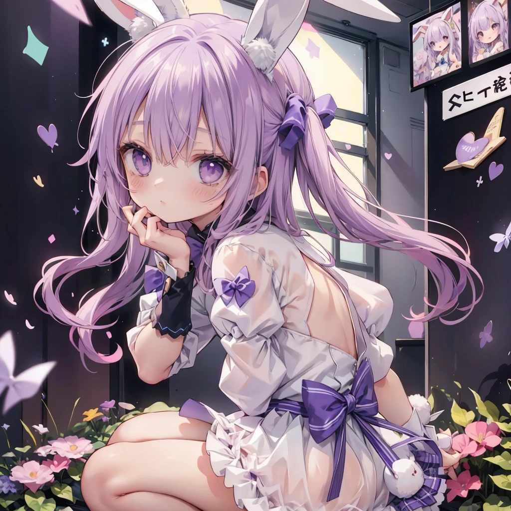 1 person、girl、cute、Small bunny girl、bunny ears、color palette(purple、white、)