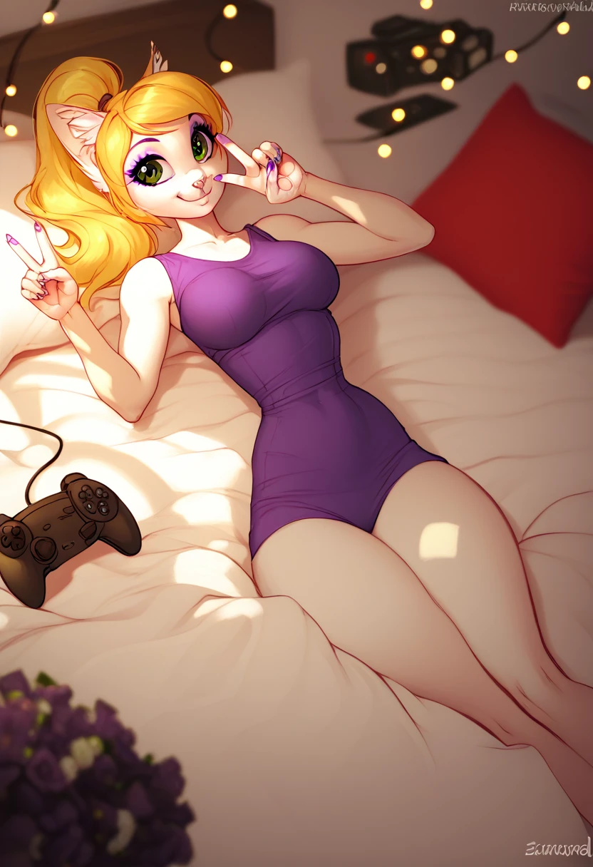 score_9_up, score_8_up, score_7_up, score_6_up, score_5_up, score_4_up, (Alisa Vald), (by iskra), female, anthro, (white fur), purple makeup, female cat, yellow hair with a ponytail, green eyes, medium hips, big breasts, cute, by iskra, beautiful, highly detailed, masterpiece, 4k, quality art, digital art, smiling, casual sleeveless shirt, relaxed posture, laying on a large cushion, raising one arm with a peace sign, holding a game controller, looking at camera, cheerful gaze, indoor bedroom setting, bed with cushions, soft lighting with fairy lights, warm and cozy atmosphere, front view, slight angle, shallow depth of field, well-balanced exposure