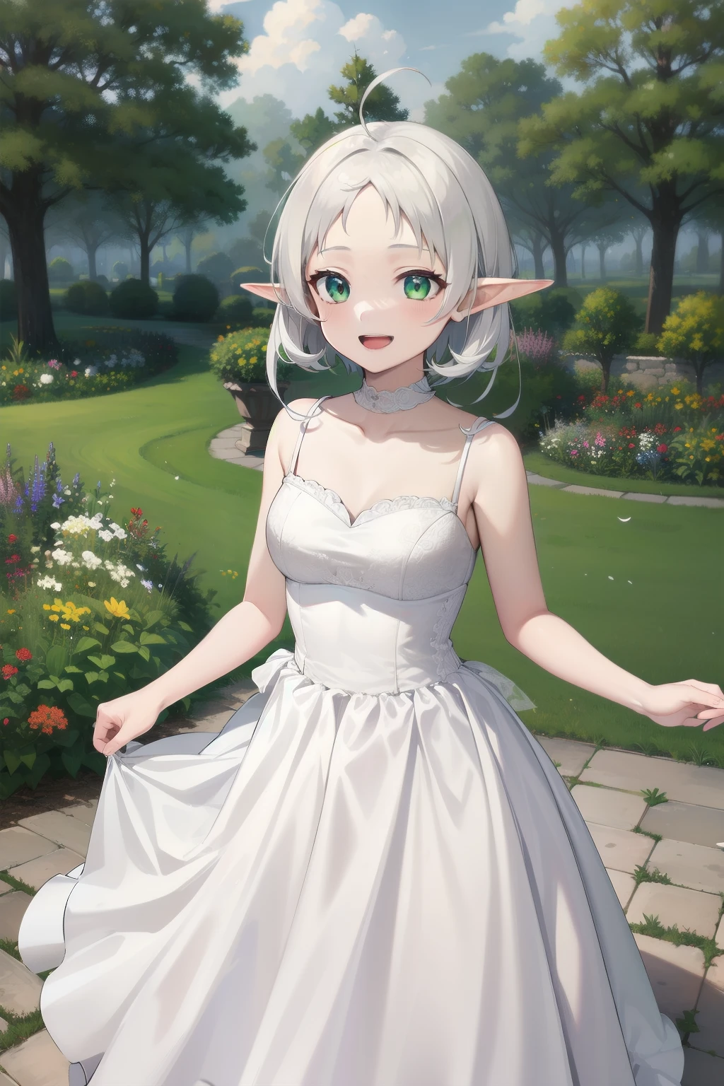 masterpiece, best quality, highres, aarurutie,1girl, wedding dress, white dress, standing, garden, smile, open mouth, short white hair, ahoge, elf ears, green eyes