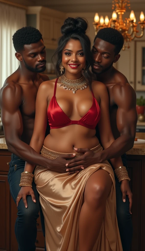 Realistic photo of interacial couple,a beautiful young blonde skin indian naked woman wearing yellow long traditional skirt and a muscular black full naked man with his big black cock, nude photoshoot in a studio, realistic photo, white background,((Indian white skin girl wearing jewellery, bindi, bangles, light yellow long skirt, she is very happy)),((black man is completely nude)). very realistic image, detailed image, High quality high detail,8k