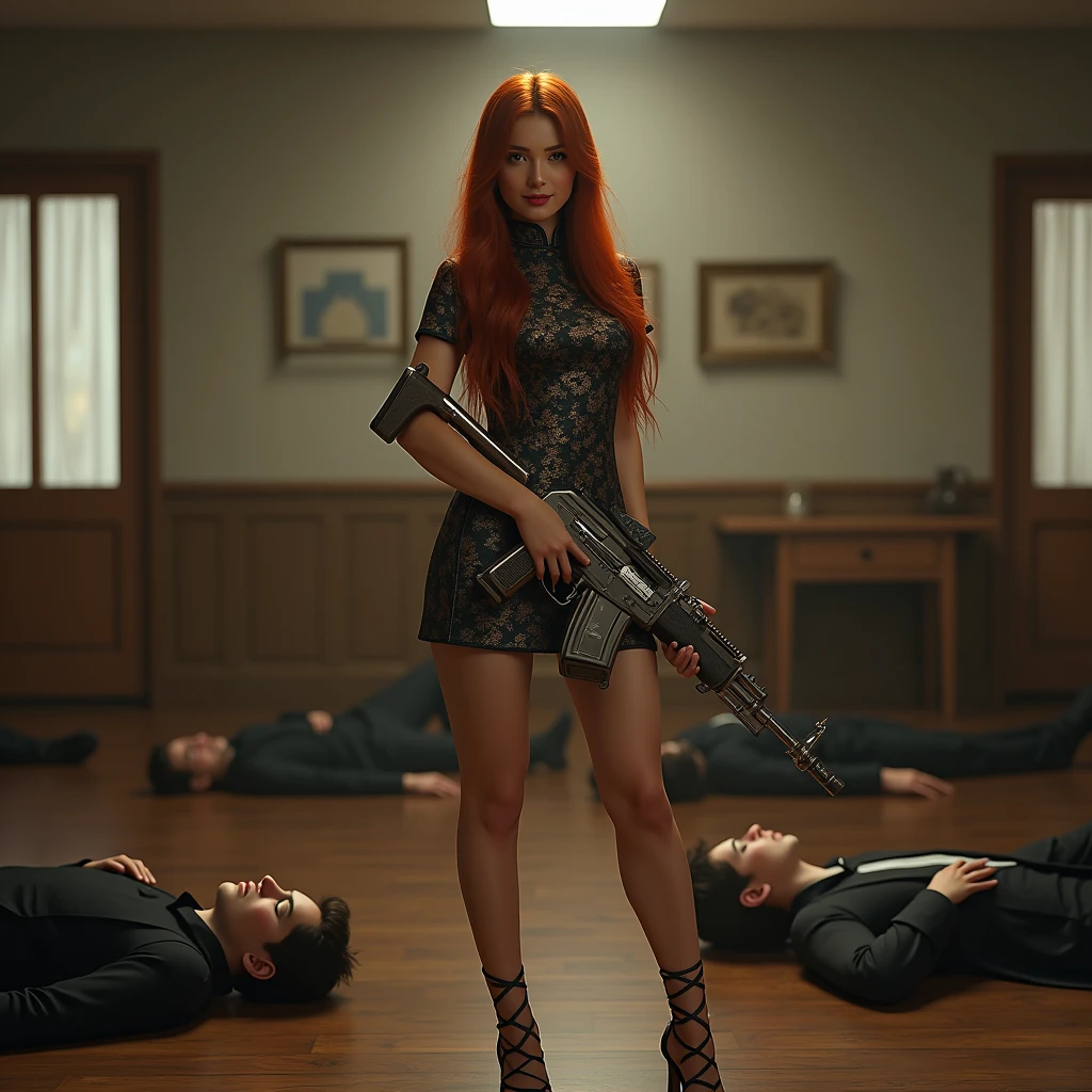 wide depth of field, wide depth of focus, f/11 lens setting, all objects in focus, full color image, woman two chrome pistols, holding 2 pistols, large fraternity house game room, full body image, (sage green sleeve, long satin night gown), woman posing with two pistols, long redhead hair, confidant smile, pure form, intricate details, 8K post-production, high resolution, super detailed, Popular topics on Artstation,, Studio photos, intricate details, Very detailed, she stands in the middle of the room and she is surrounded by a large pile of defeated men laying unconscious with closed eyes on the floor