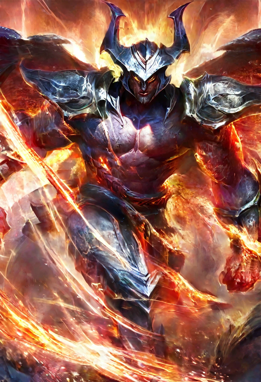 
(best quality, high-res, photorealistic), full body of ,Aatrox, demon wings, flaming, red aura, crackling energy, imposing figure, athletic physique, horned helmet, muscular appearance, dark atmosphere, fierce expression, intense battle, glowing eyes and tattoos, intricate armor, gigantic sword, menacing presence, epic battlefield, dynamic pose, dramatic lighting, mystical runes, surreal background, powerful presence, otherworldly warrior, ethereal glow, intimidating stance, billowing cape, divine strength, fiery battlefield, epic confrontation, mythical proportions, epic hero, unstoppable force, chaotic energy, legendary warrior, ancient warrior, wrathful deity, mythical creature, battle scars, intimidating presence, godlike power, intimidating aura, divine rage, swirling darkness, celestial being