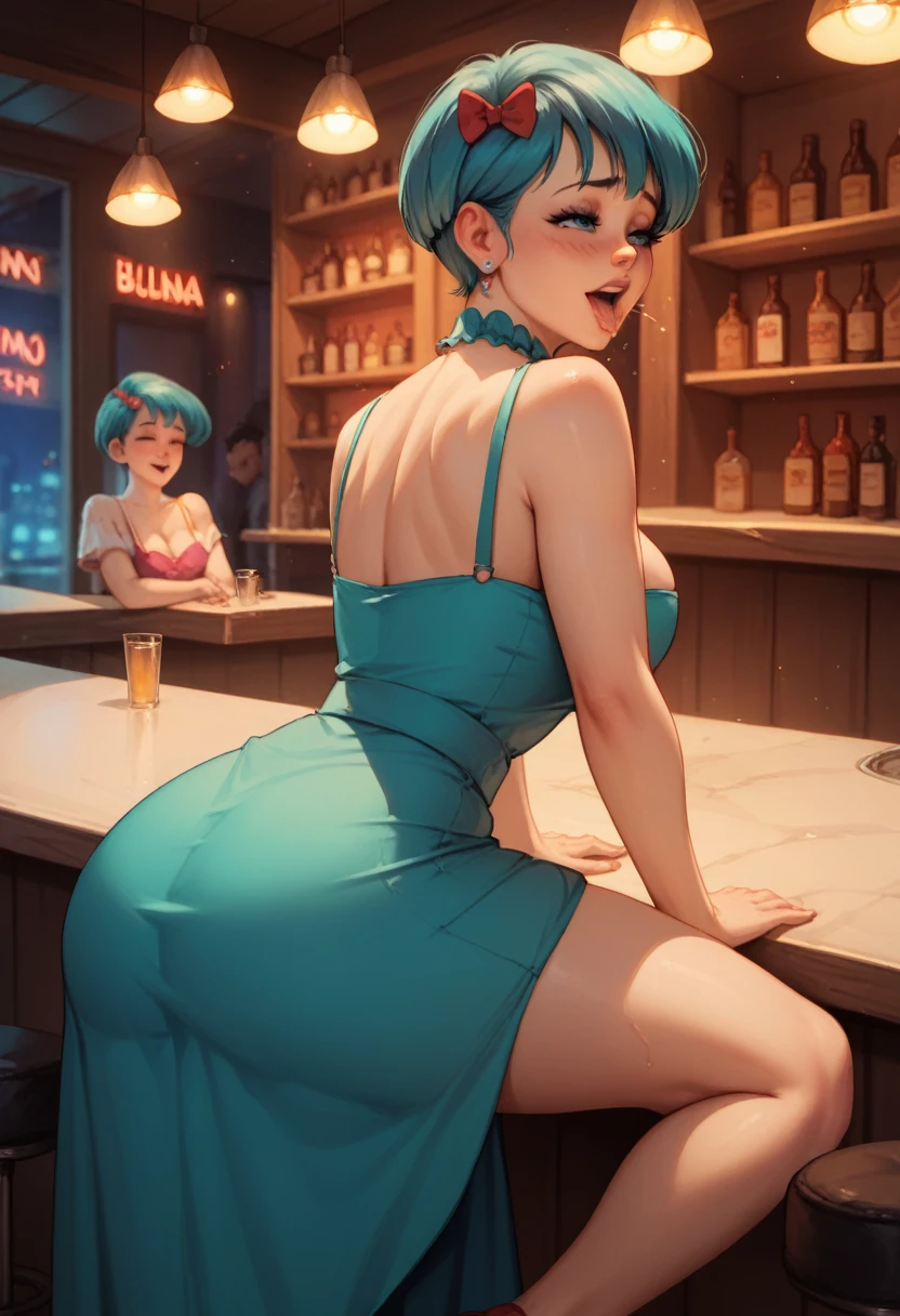 score_9, score_8_up, score_7_up, Bulma, short hair (perfect body), sexy dance, orgasm,  have sex in bar, night city, sexy transparent long dress,, no underware, have sex, cowgirl, open legs