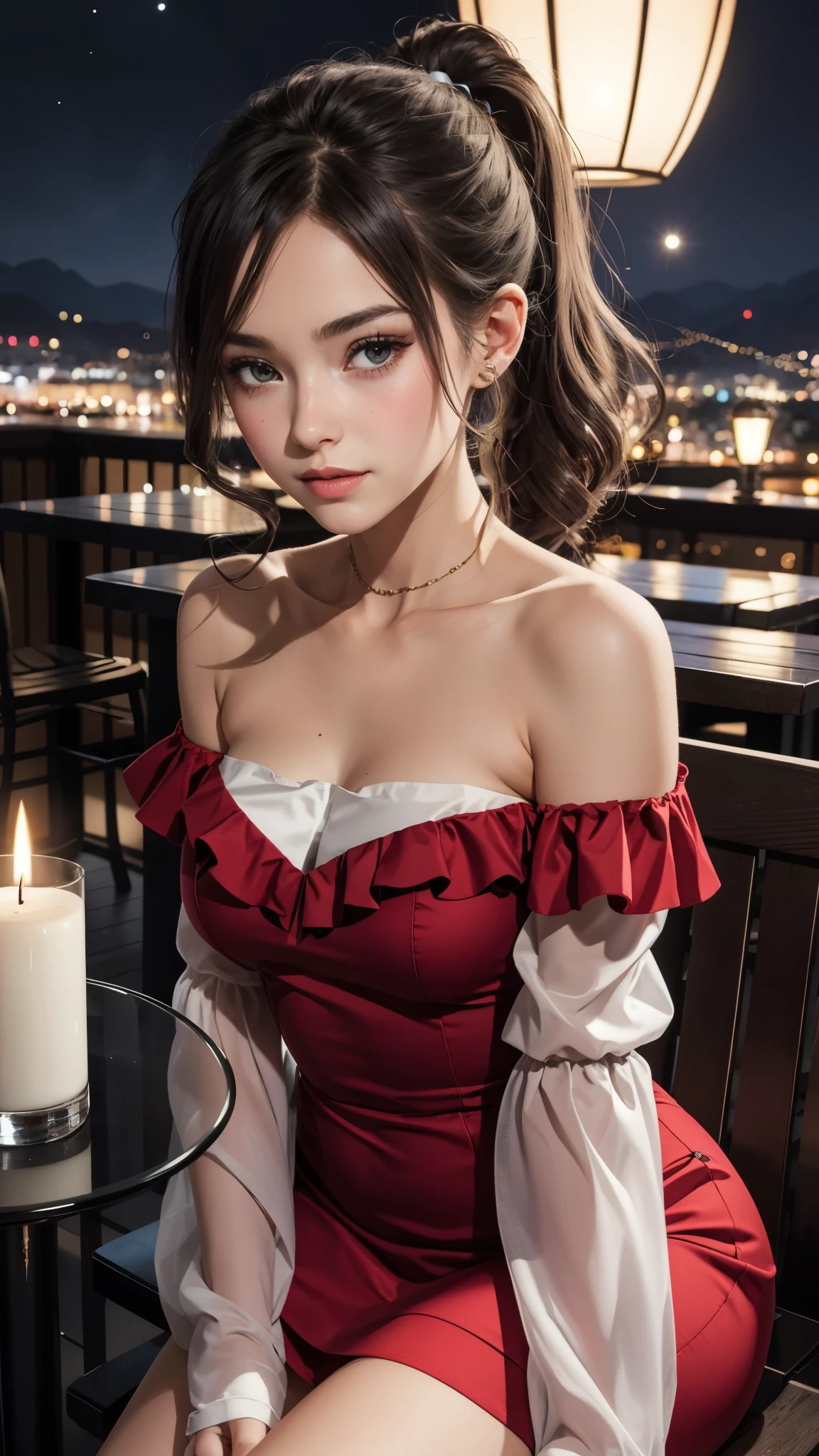 girl in romantic cafe, BREAK, 1girl, sitting, leaning forward, hand on chest, red off-shoulder strapless dress, ruffles-trim, (yo, cute:1.4), (breasts:1.2), see-through wide sleeve, detailed face, looking at viewer, (blushing:1.2), ponytail, bangs, clavicles, shoulder, candle in glass, on table, night twilight sky, mountains, city landscapes, sexy mini dress, depth details, detailed skin, curly blonde hair, masterpiece, best quality, back lighting, fashionable and chic vibes,