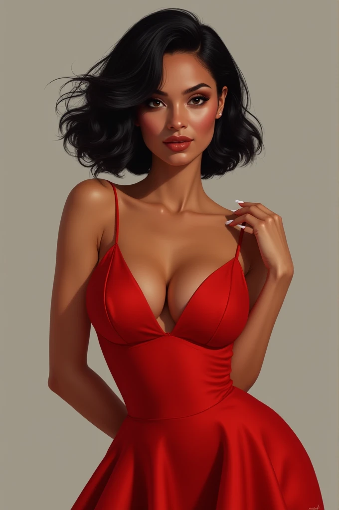 short stature pretty woman with a diamond face shape and a slender inverted triangle figure, she have a narrow waist, broad hips, and a small bust. She has olive skin and mid way thick black hair with side-bangs that usually cover her left eye. Her dark hazel eyes shaped like an almond eyed with long thick dark lashes and accented by shimmering red eye shadow. Her nose is fairly small consider as a button-nose, especially in relation to her big upper red lips.