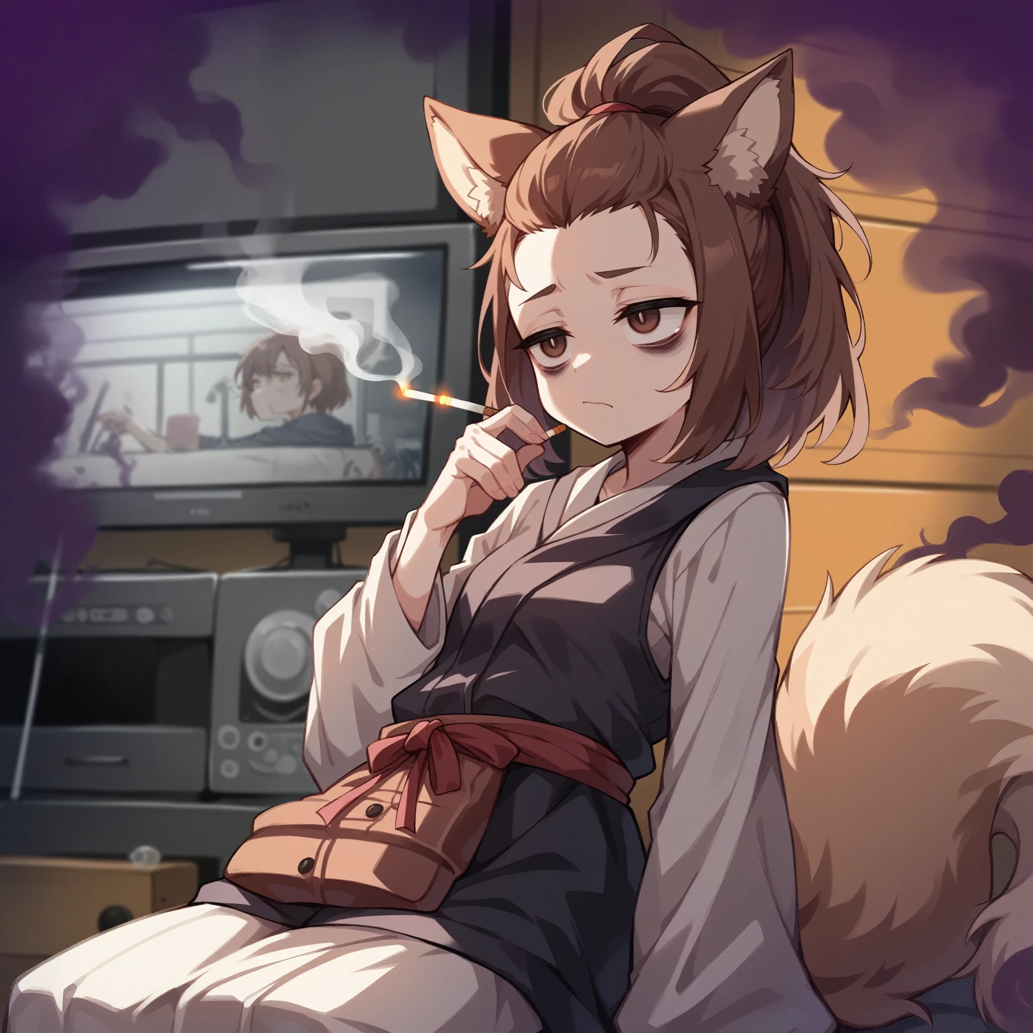 1girl, brown hair, brown eyes, bangs pinned back, forehead, animal ears, animal tail, very long sleeves,tv,draers, living room,dvd player, tv stand,glowing outline,yugioh art style,tired,bags under eyes,smoking cigarette
,purple smoke