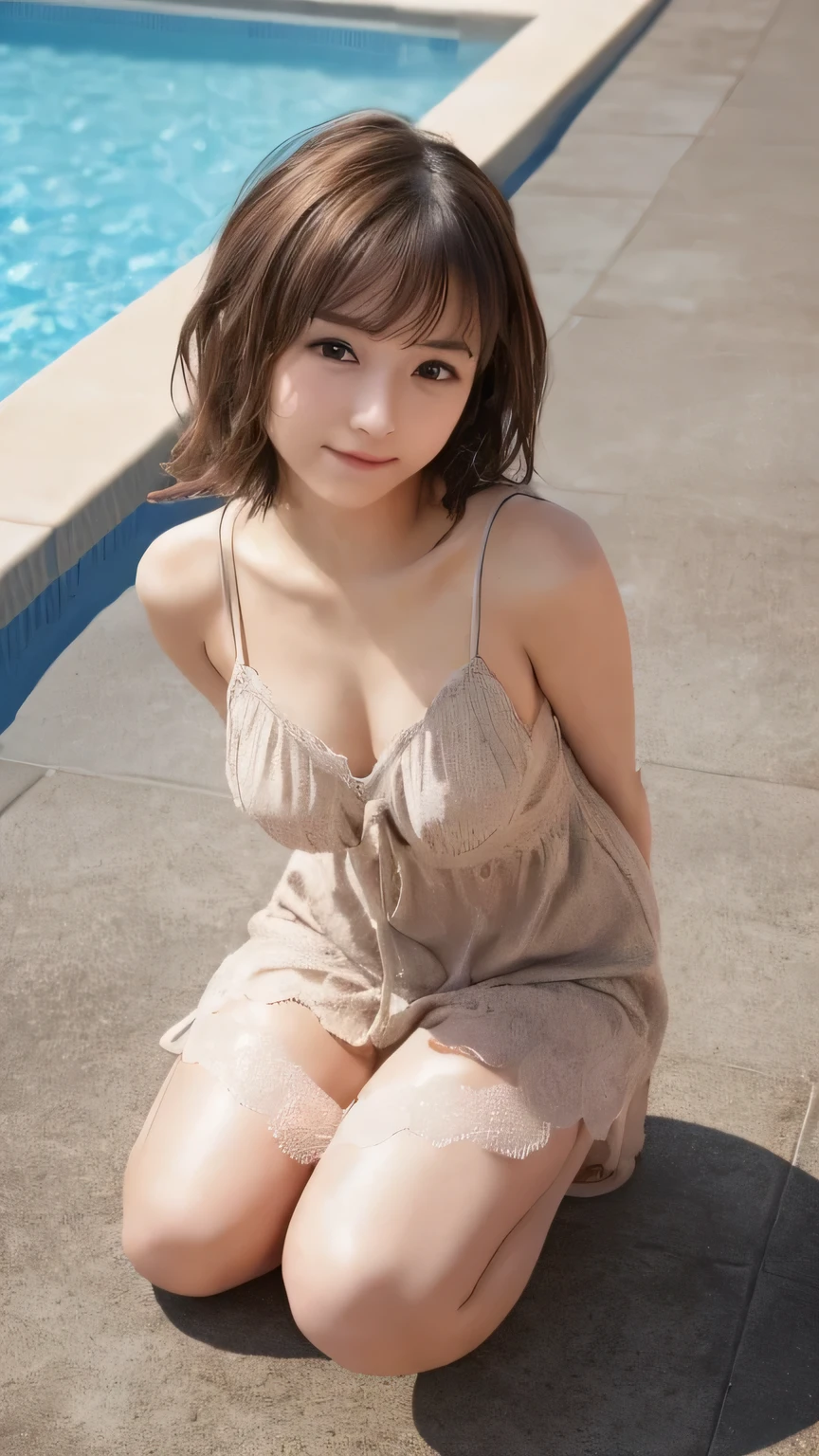 ((Highest quality)), ((masterpiece)), (detailed),sexy micro lingerie,Perfect Face,thin,pretty girl、JC,Depressed face,Front view,(Take a photo from below..) short hair、Brown Hair、Japanese idol girls,smile、Embarrassed face,Pull your arms behind your back、whole body((Pull up to your knees))、Pool ,Place your arms behind your back,