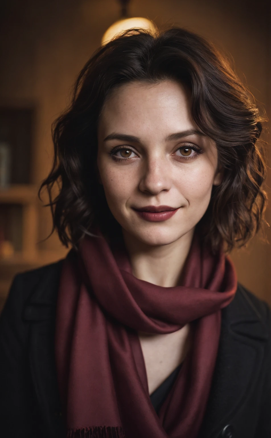 (Close-up, editorial photograph of a twenty five year old woman), (highly detailed face:1.4) (smile:0.7) (background inside dark, moody, private study:1.3) POV, by lee jeffries, nikon d850, film stock photograph ,4 kodak portra 400 ,camera f1.6 lens ,rich colors, hyper realistic ,lifelike texture, dramatic lighting , cinestill 800, wavy hair, messy hair, short hair, Mischievous smirk, Brown hair, Brown Eyes, Black overcoat, Red Wine Scarf, Kapaneus expressions, Kapaneus woman, European skin, Vampire: The Masquerade, Kapaneus