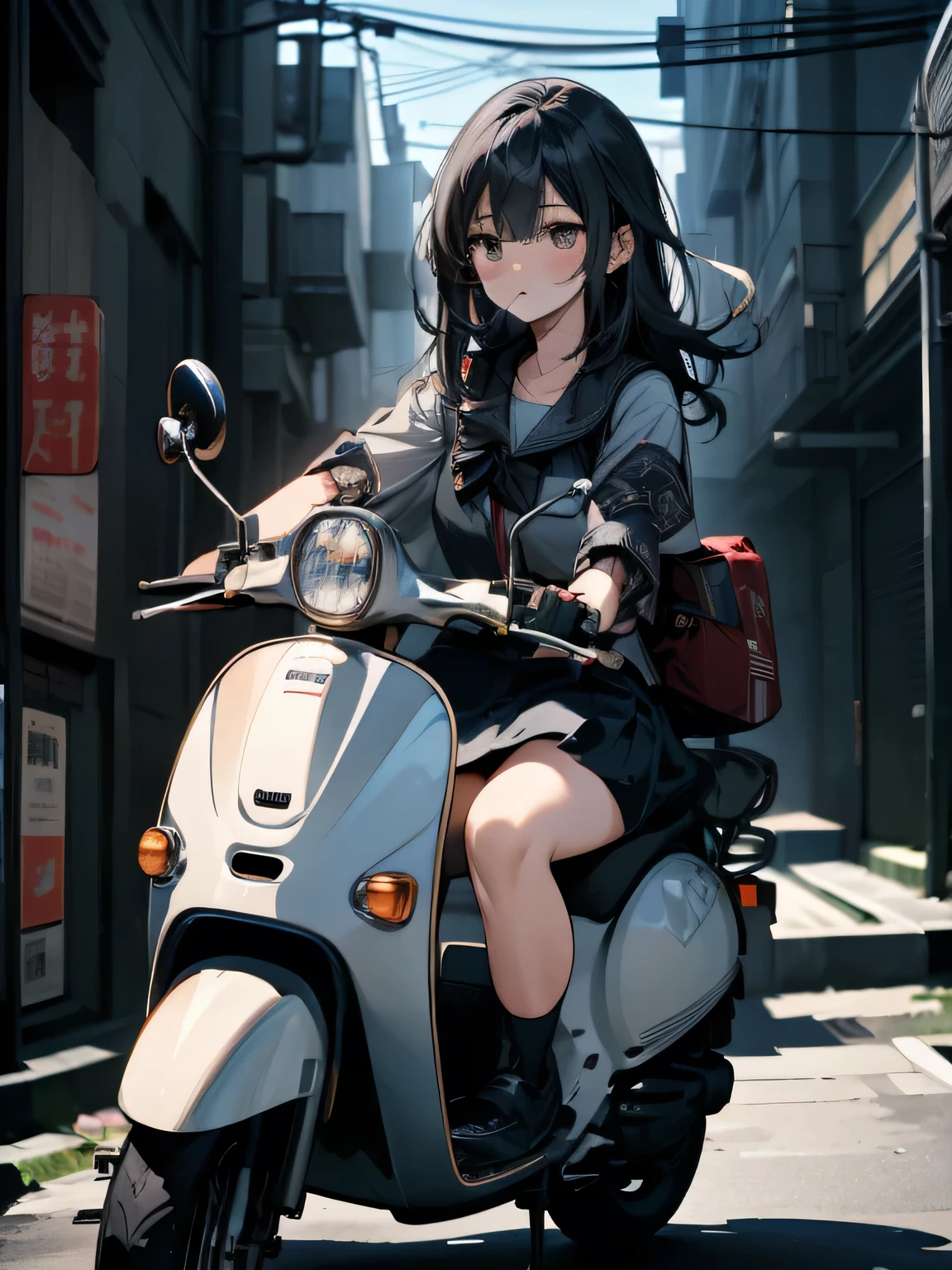 masterpiece, Highest quality, High resolution,alone, Accurate human body、Knowledgeable person、Correct five-finger,Sailor suitを着たアニメの***が、Riding a scooter, Japanese girls uniform, Japanese School Uniform, high school girl, seifuku, Anime Girl Cosplay, riding on the Moped scooter, Moped, Sailor suit, beautiful anime high high school girl, JK Uniform, Girl in uniform, wearing Japanese School Uniform, Simple light background, Uniform soft illumination, Shadows are minimal, Quiet and tranquil atmosphere, Front view, Shallow depth of field, Well-balanced exposure