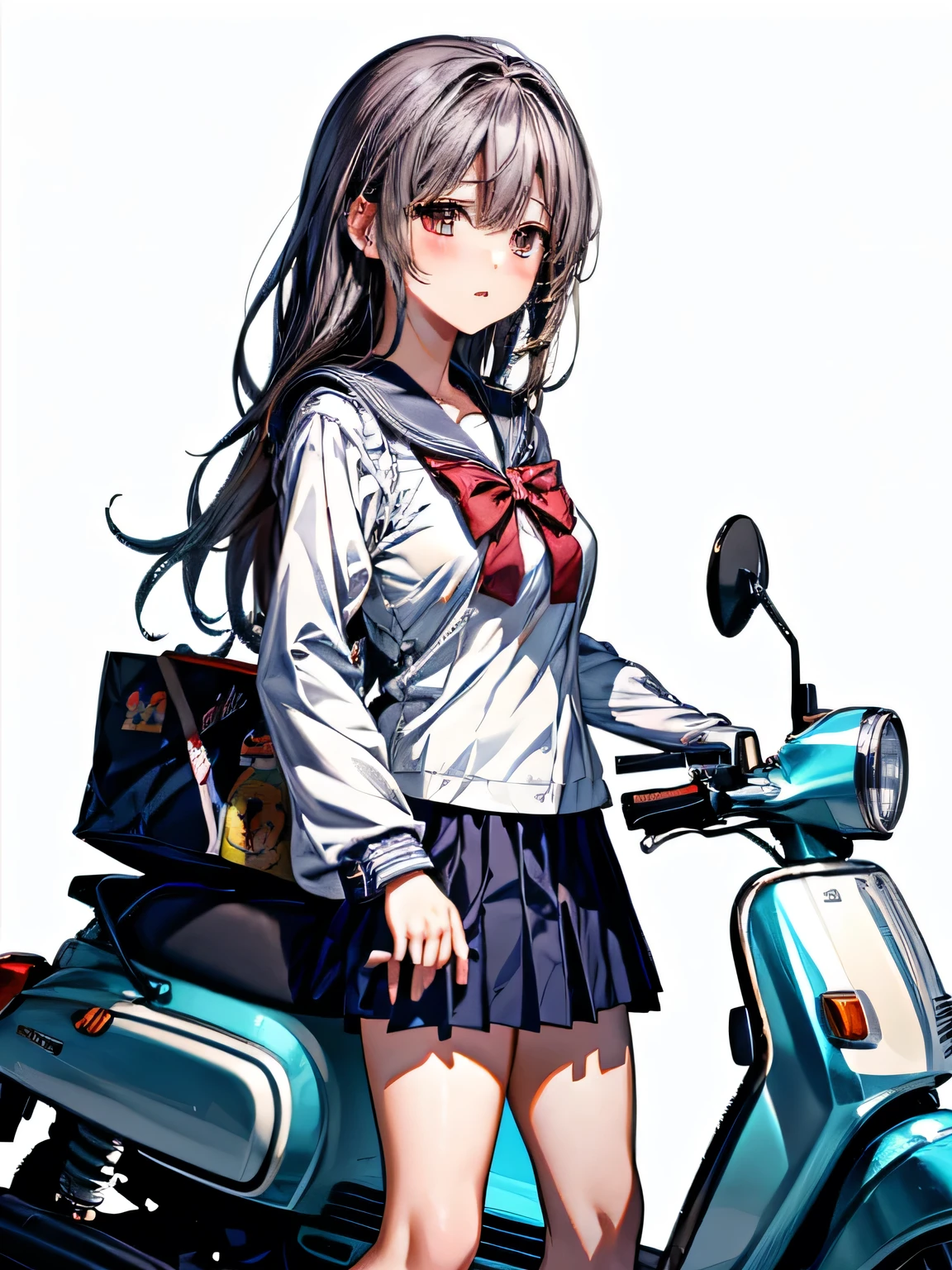 masterpiece, Highest quality, High resolution,alone, Accurate human body、Knowledgeable person、Correct five-finger,Sailor suitを着たアニメの***が、Riding a scooter, Japanese girls uniform, Japanese School Uniform, high school girl, seifuku, Anime Girl Cosplay, riding on the Moped scooter, Moped, Sailor suit, beautiful anime high high school girl, JK Uniform, Girl in uniform, wearing Japanese School Uniform, Simple light background, Uniform soft illumination, Shadows are minimal, Quiet and tranquil atmosphere, Front view, Shallow depth of field, Well-balanced exposure