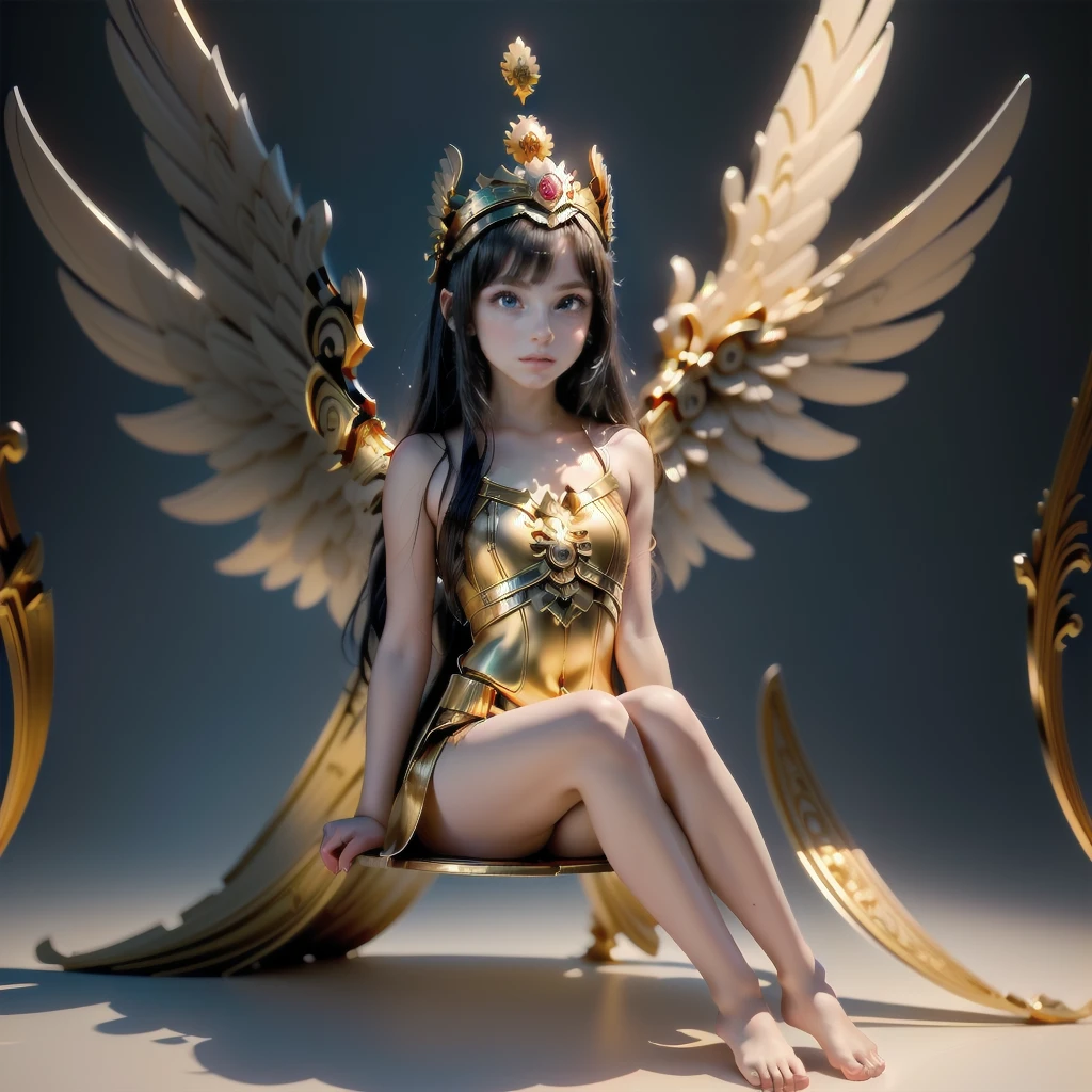 a girl in a gold outfit sitting on a street with a lot of people, anime goddess, knights of zodiac girl, 2. 5 d cgi anime fantasy artwork, kawacy, angelic golden armor, as a mystical valkyrie, a beautiful fantasy empress, anime fantasy artwork, anime fantasy illustration, angel knight girl, trending on cgstation, lady palutena, 
(Single person:1.5)，(Masterpiece:1.5), (Best quality:1.2), BREAK [Blue:peach red:0.5] theme, (gradient backgrounds :1.1), Cowboy shot, Upper body body，Cinematic light，(Perfect Hand 1.5)， Slender beautiful legs，Flat chest，Playful, (2 0 years old), ( petite, chibi, sd character:1.5), (full body:1.8), (upper body up:0.3), (hyper realistic:1.4), (realistic:1.3), (best quality real texture skin), Detailed eyes, detailed face, PERSEPHONE,  (tan, loli, petite, child, infant, toddlers, chibi, sd character:1.1),