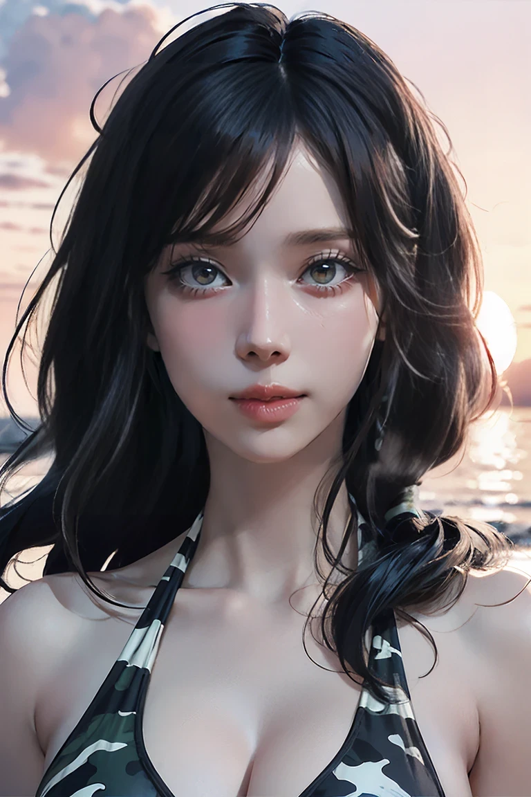 High resolution8k, Bright lighting, Lens flare, Sharpness, masterpiece, Highest quality, 超High resolution, High resolution, Highly detailed CG, Anime Style, Film Portrait Photography, 1 Female, Beautiful woman, whole body, (((Iris, long hair, Black Hair))), ((Woman wearing a halter bikini)), ((Camouflage Bikini, High-waist Camouflage Bikini)), Woman on the beach at sunset, Sunset sky, (Natural skin texture and vivid details, Ultra-realistic), (Large Breasts), (NSFW:1.1)