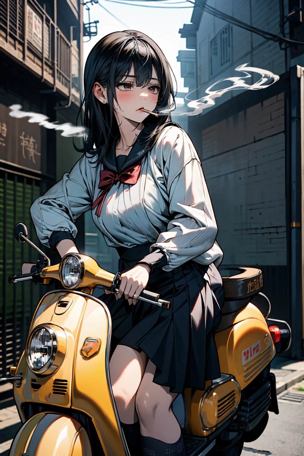 masterpiece, Highest quality, High resolution,alone, Accurate human body、Knowledgeable person、Correct five-finger,Sailor suitを着たアニメの***が、Riding a scooter and smoking a cigarette, Japanese girls uniform, Japanese School Uniform, high school girl, seifuku, Anime Girl Cosplay, riding on the Moped scooter, Moped, Sailor suit, beautiful anime high high school girl, JK Uniform, Girl in uniform, wearing Japanese School Uniform, Simple light background, Uniform soft illumination, Shadows are minimal, Quiet and tranquil atmosphere, Front view, Shallow depth of field, Well-balanced exposure