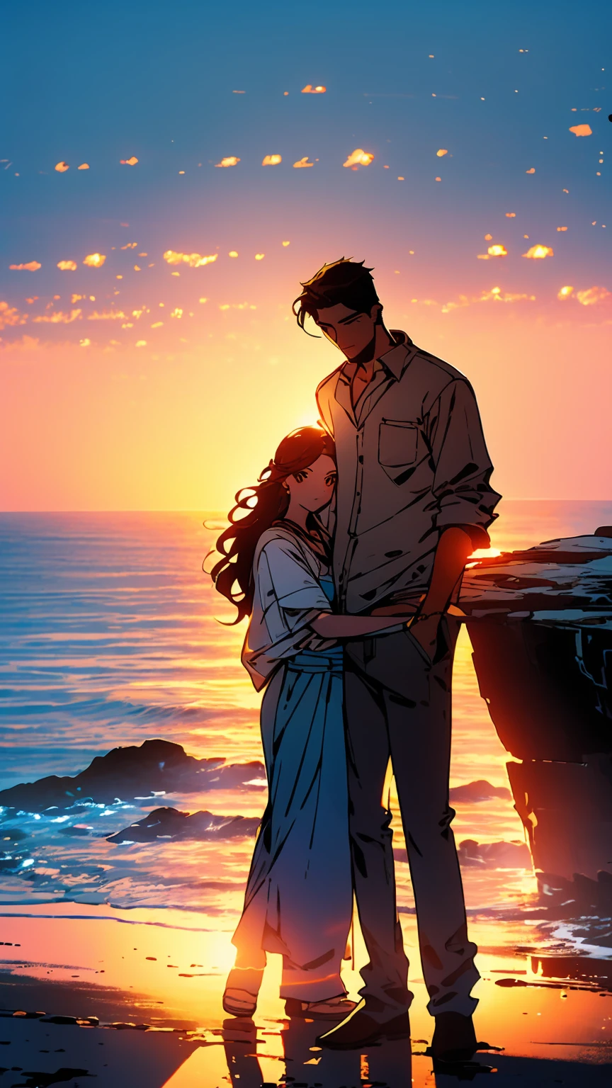 A weekend getaway, where the couple stands at the edge of a beautiful cliff overlooking the ocean. The younger woman (girl), dressed in casual yet stylish clothes, holds onto the older man’s arm (1man), her face full of wonder and excitement. He gazes down at her with a soft, knowing smile, as if to say that age is just a number when it comes to love. The sunset casts warm hues over the scene, blending adventure with romance, manhwa, romantic manhwa, wattpad book cover, 