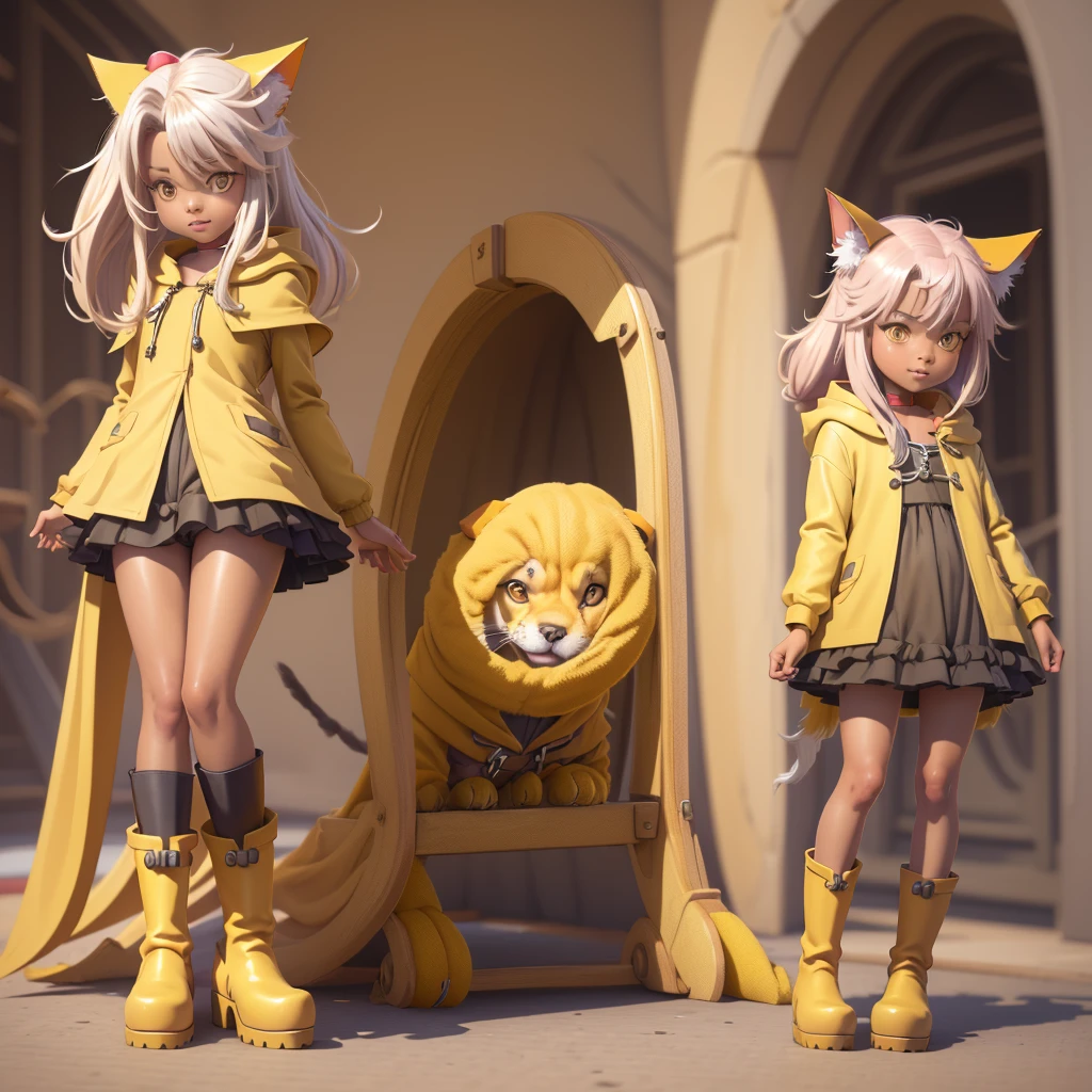 model of a cartoon Dog in a yellow cloak and yellow boots. The model should show the cat from several angles: 2. The expression of the cat should be playful and cute, with details such as the hood. sketch style