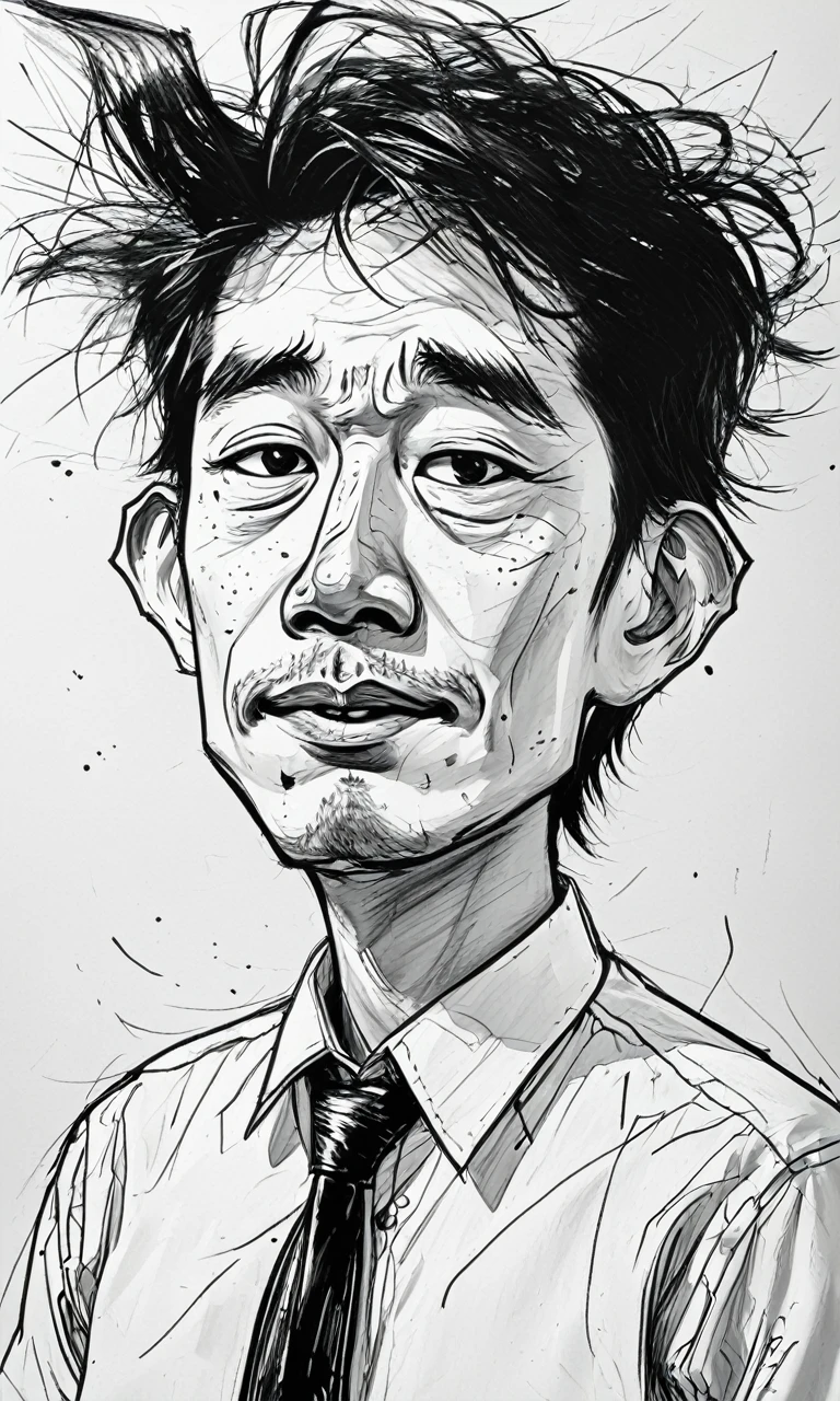 "black and white caricature image of a young adult salary man, asian, short messy hair, ((mouth closed)),white collared shirt