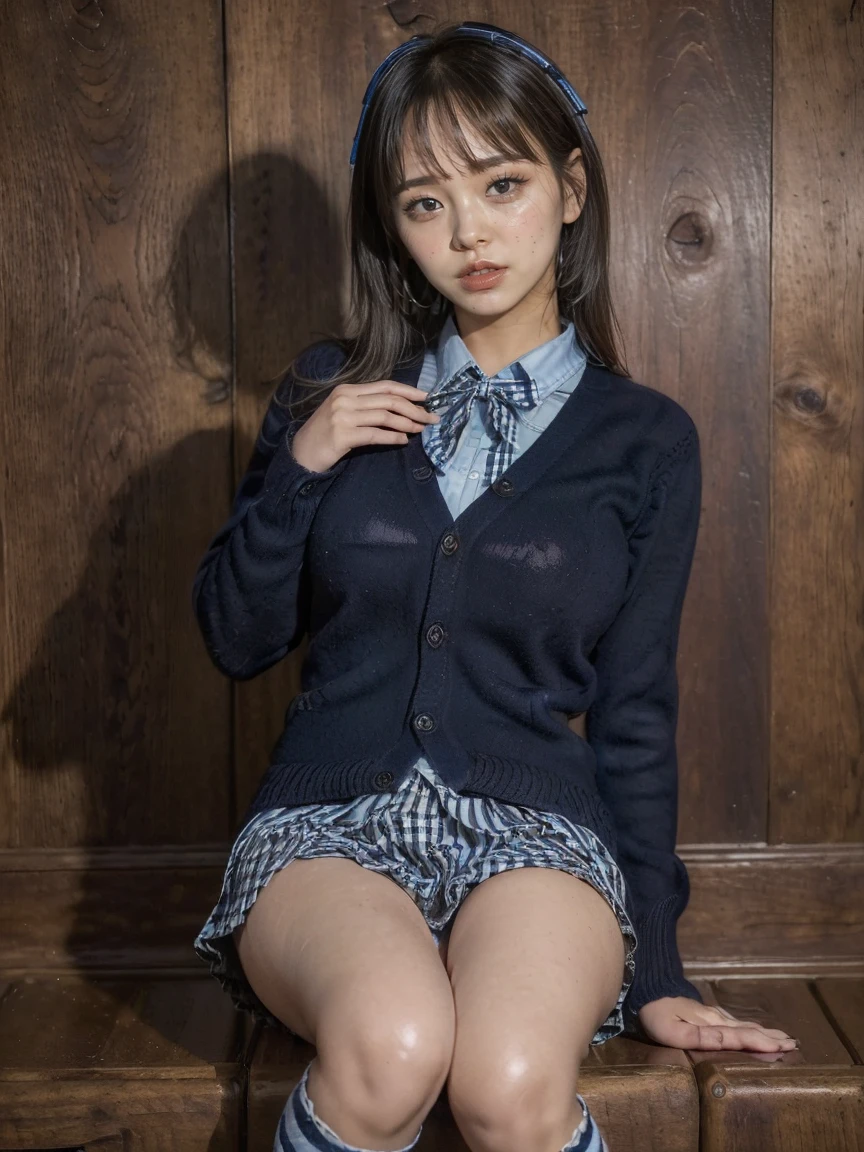 (High quality:1.5, Ultra detailed:1.5, best quality:1.5, insanely detailed:1.5, beautiful, masterpiece:1.5)
(large breast:1.5),
BREAK (cute school uniform:1.3), ((outerwear is dark navy cotton cardigan, closed front, long sleeves, dark navy tops):1.3), (button-up:1.5), (innerwear is plain white collared shirt:1.3), (light blue gingham plaid ribbon on neck:1.4), ((light blue gingham plaid pleated skirt, mini skirt):1.3), ((white socks, loafers):1.2),