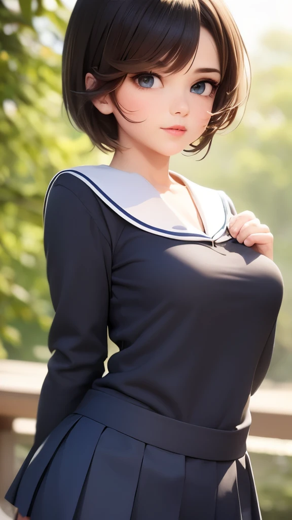 A high school girl with beautiful eyes and cute lips, short black hair, sailor uniform, navy blue pleated skirt, surprised expression, hands behind back