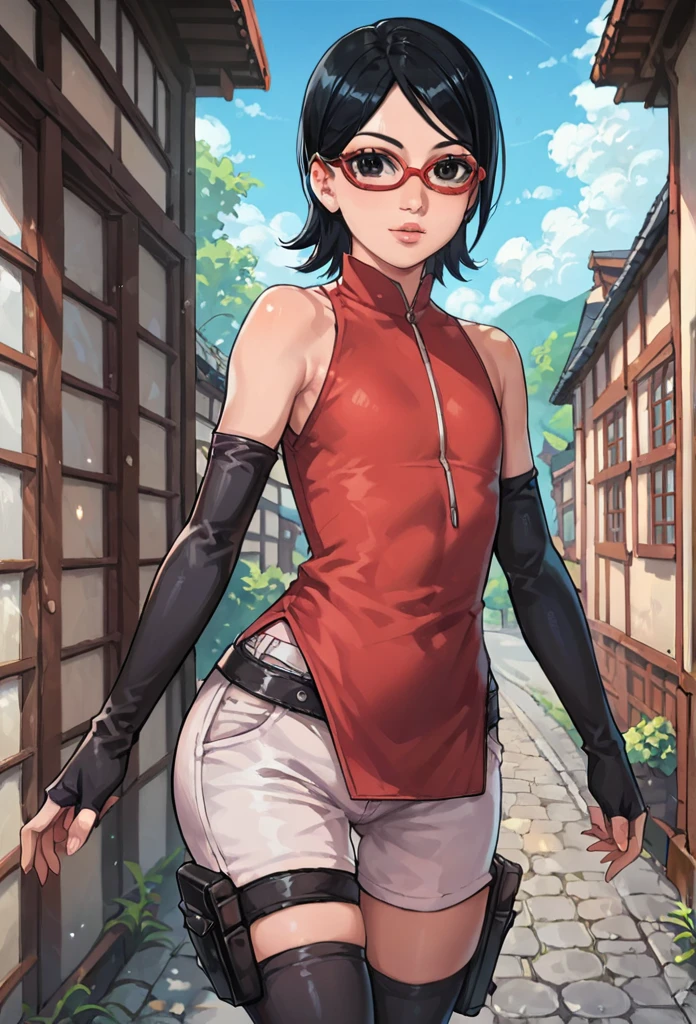 score_9_up, score_8_up, score_7_up, score_6_up, score_5_up, score_4_up, ,zPDXL2, solo, rating_safe, perfect face, perfect eyes, BBC_Chan Style, Sarada Uchiha, solo, 1girl, black hair, short hair, red-framed eyewear, glasses, black eyes,red dress, sleeveless, elbow gloves, black gloves, fingerless gloves, white shorts, black thighhighs, thigh holster, large round butt, bubble butt ,konohagakure village pathway, flat chest,full lips, wide hips,