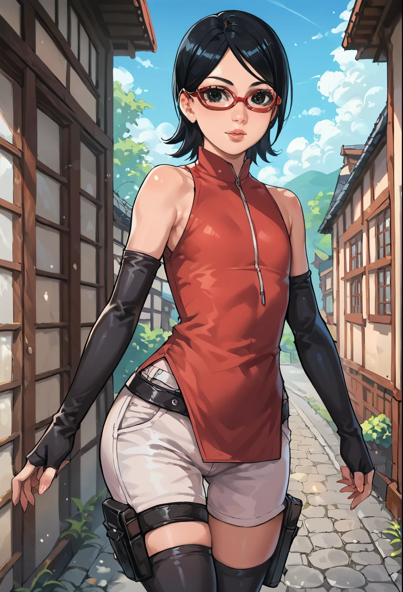 score_9_up, score_8_up, score_7_up, score_6_up, score_5_up, score_4_up, ,zPDXL2, solo, rating_safe, perfect face, perfect eyes, BBC_Chan Style, Sarada Uchiha, solo, 1girl, black hair, short hair, red-framed eyewear, glasses, black eyes,red dress, sleeveless, elbow gloves, black gloves, fingerless gloves, white shorts, black thighhighs, thigh holster, large round butt, bubble butt ,konohagakure village pathway, flat chest,full lips, wide hips,