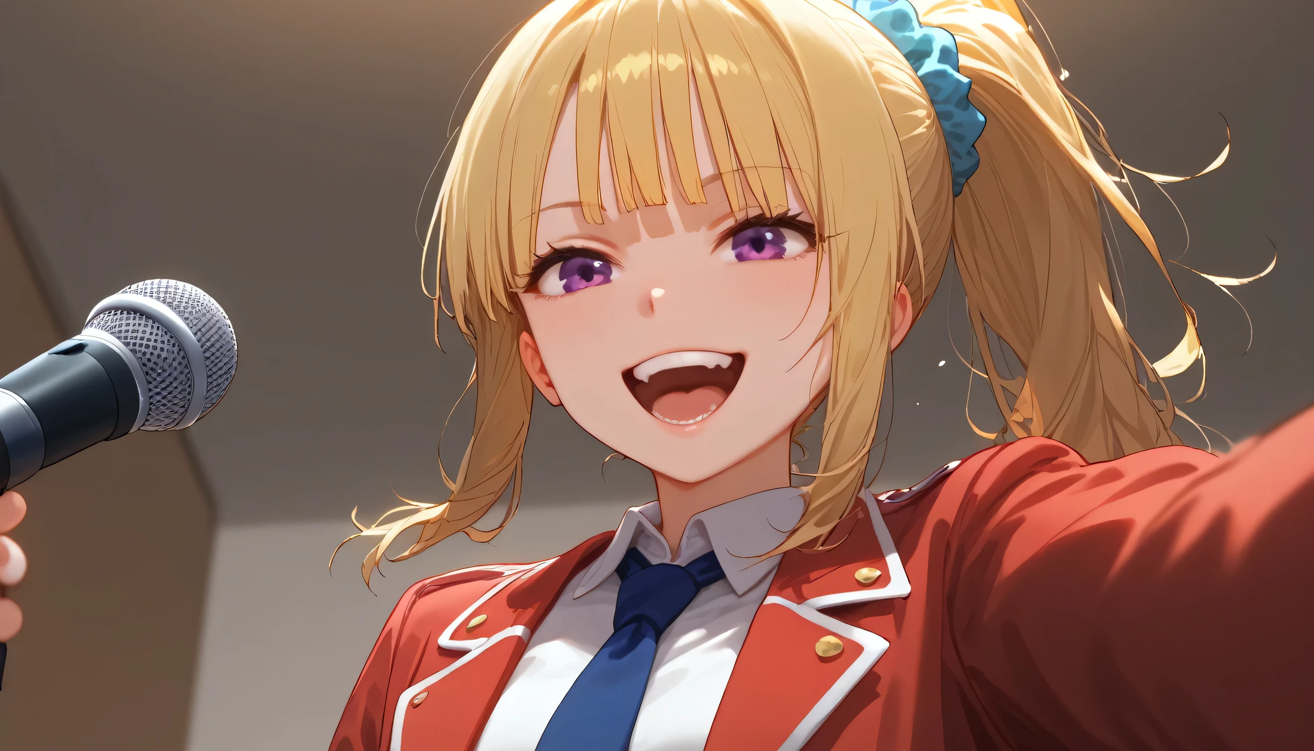 score_9, score_8_up, score_7_up, score_6_up, 1girl, KeiKaruizawa, Kei Karuizawa, bangs, blunt bangs, ponytail hair, violet eyes, blonde hair, blue scrunchie, sing, singing, open mouth, mic, half bodies, smile, positive vibes, ((looking at viewers, cowboy shot)), school outfits, red coat, white shirt, blue skirt, blue tie, side pov, side camera view, holding a mic, solo, half body